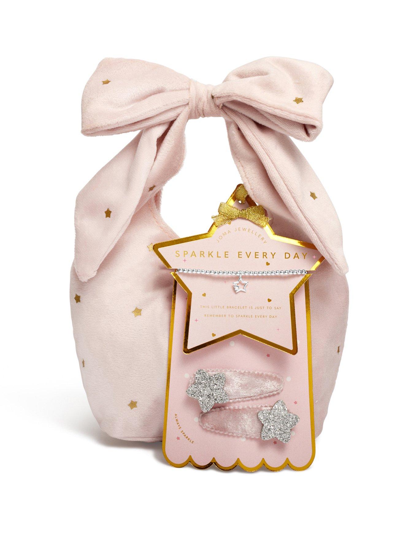 Katie Loxton KIDS' BOW HANDBAG A LITTLE GIFT SET , SPARKLE EVERYDAY , Silver Plated , Bracelet & Set of 2 Hair Clips , 15.5cm stretch