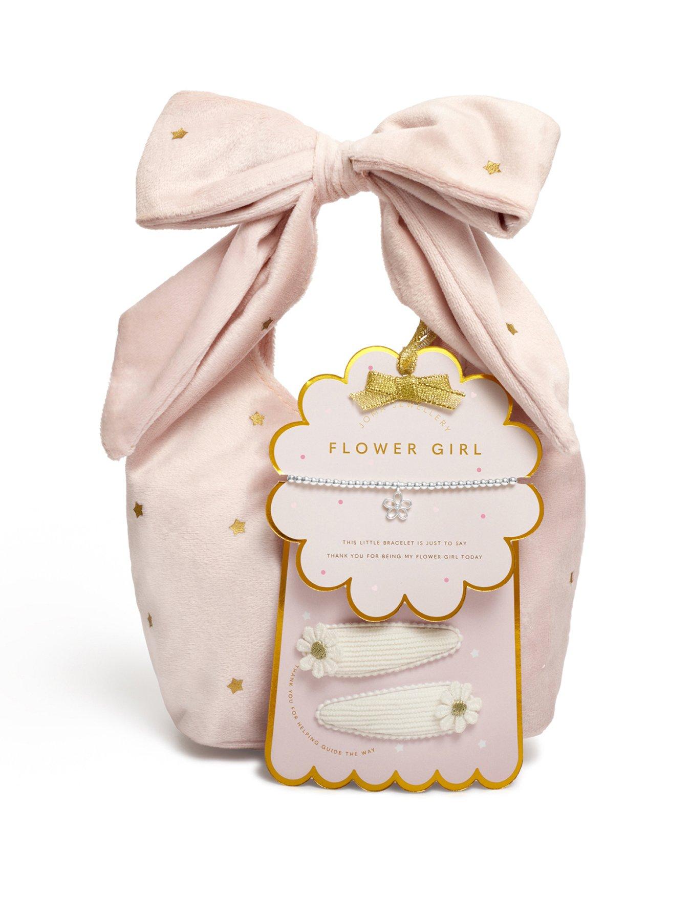 Katie Loxton KIDS' BOW HANDBAG A LITTLE GIFT SET , FLOWER GIRL , Silver Plated , Bracelet & Set of 2 Hair Clips , 15.5cm stretch