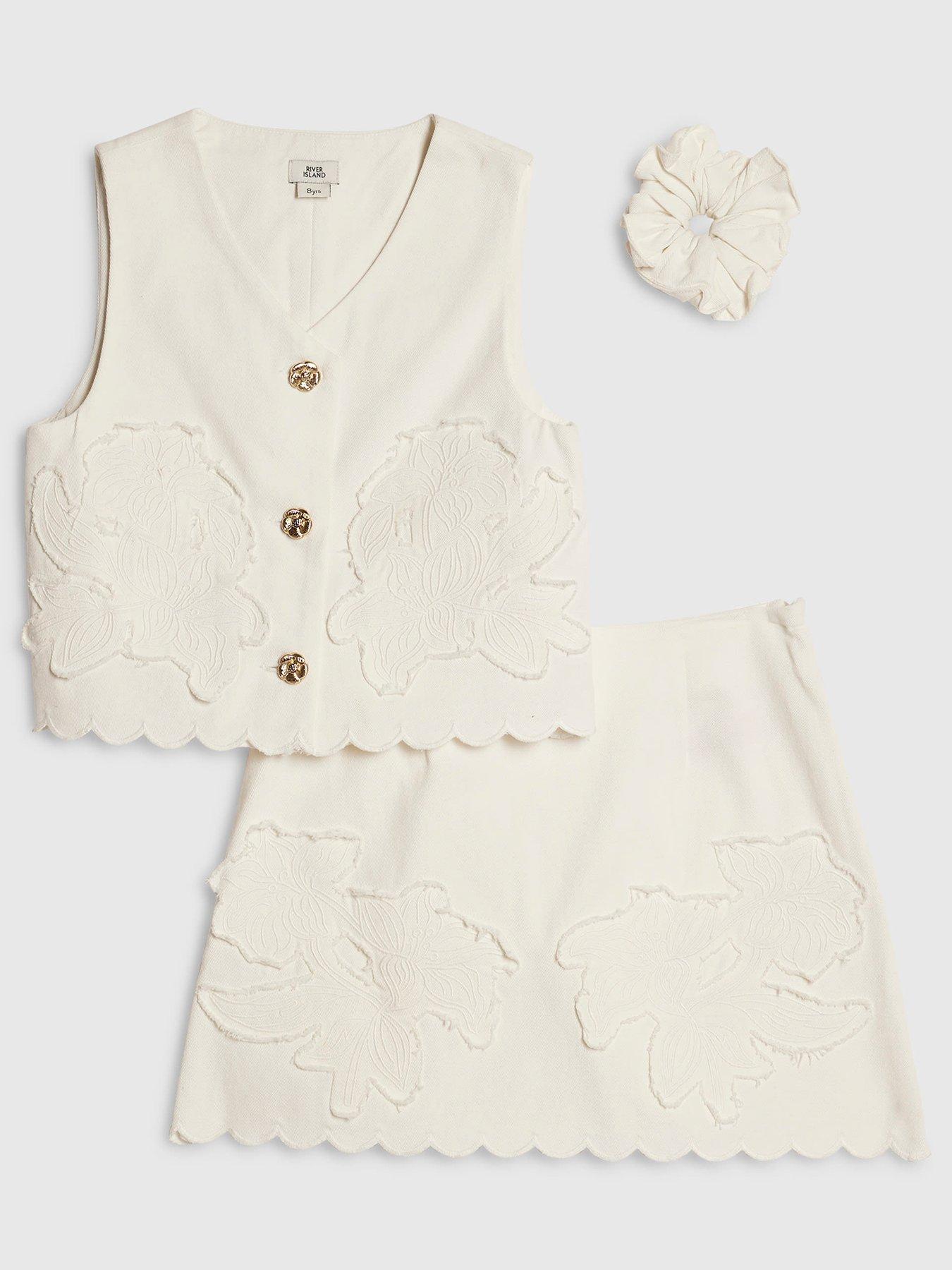 River Island Older Girls Denim Waistcoat And Shorts Set - Cream