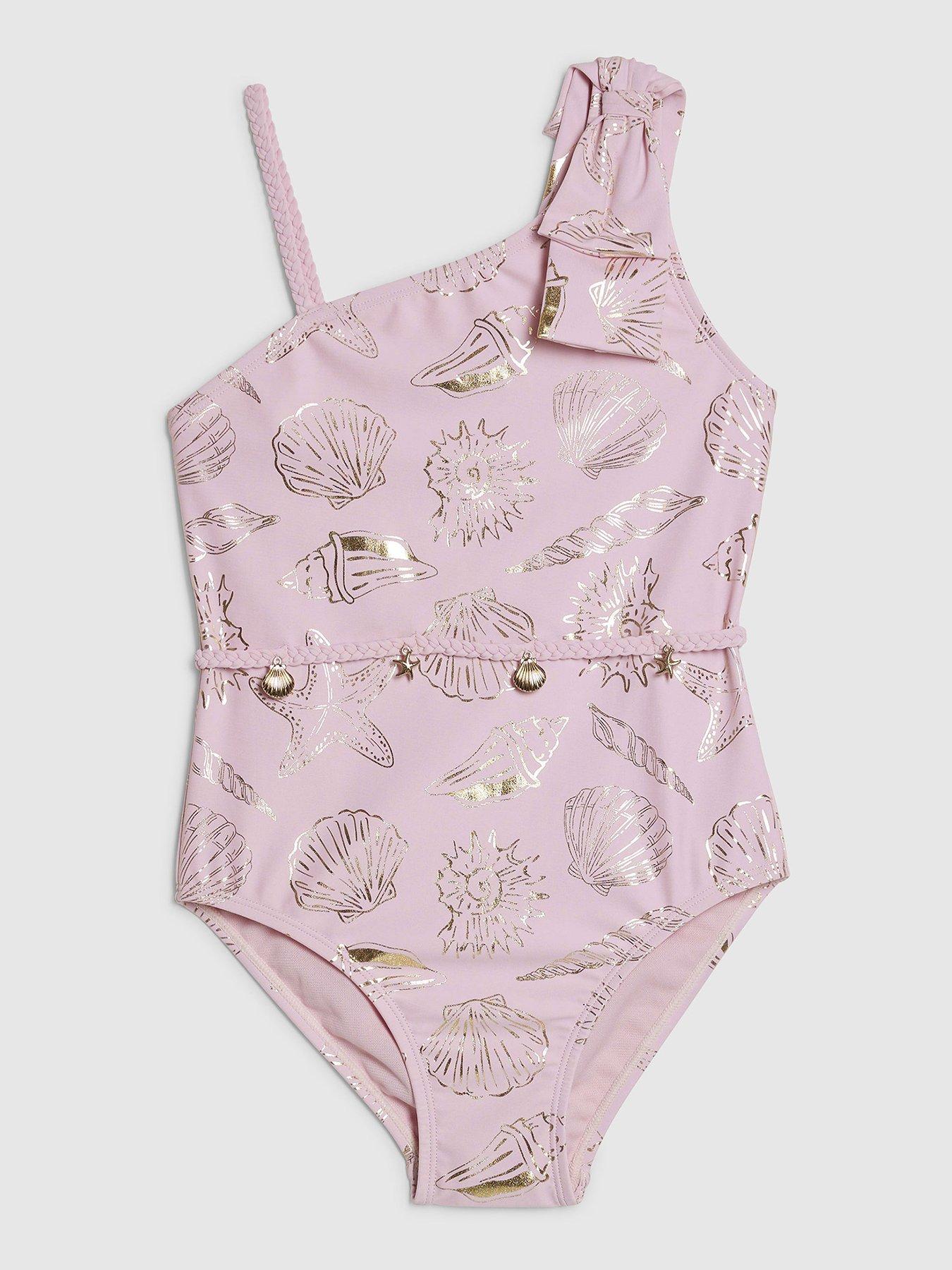 River Island: Older Girls Gold Foil Shell Swimsuit - Pink