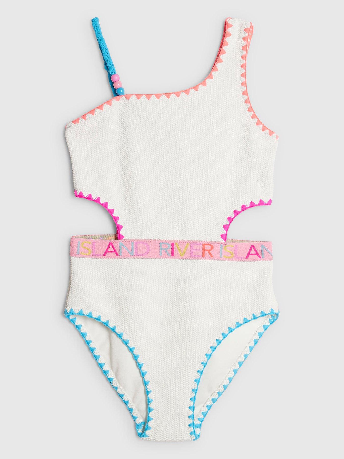 River Island: Older Girls Textured Asymmetric Swimsuit - White