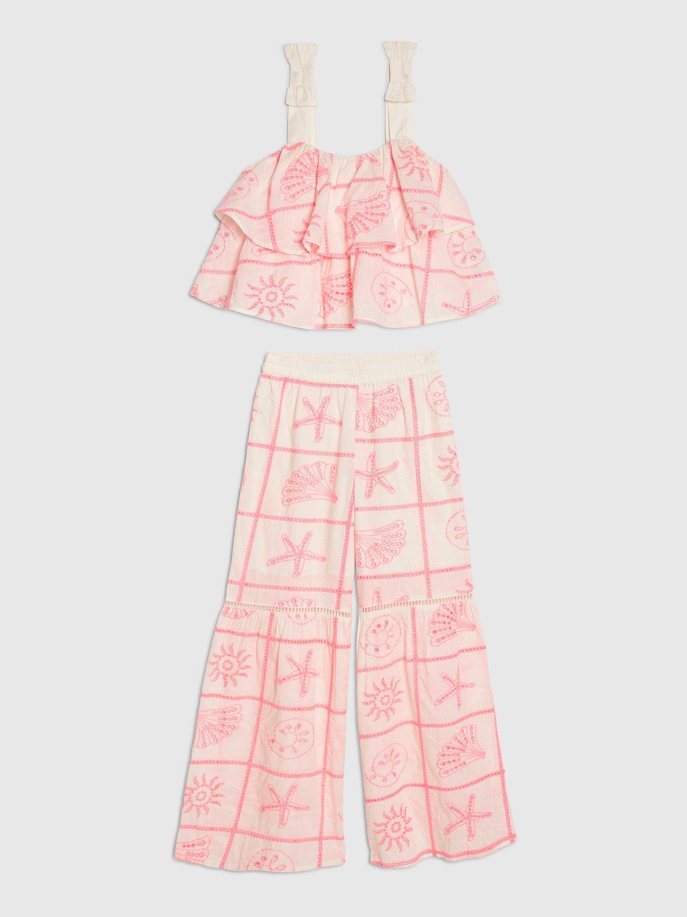 River Island Older Girls Seashell Tiered Broderie Top Set - Cream