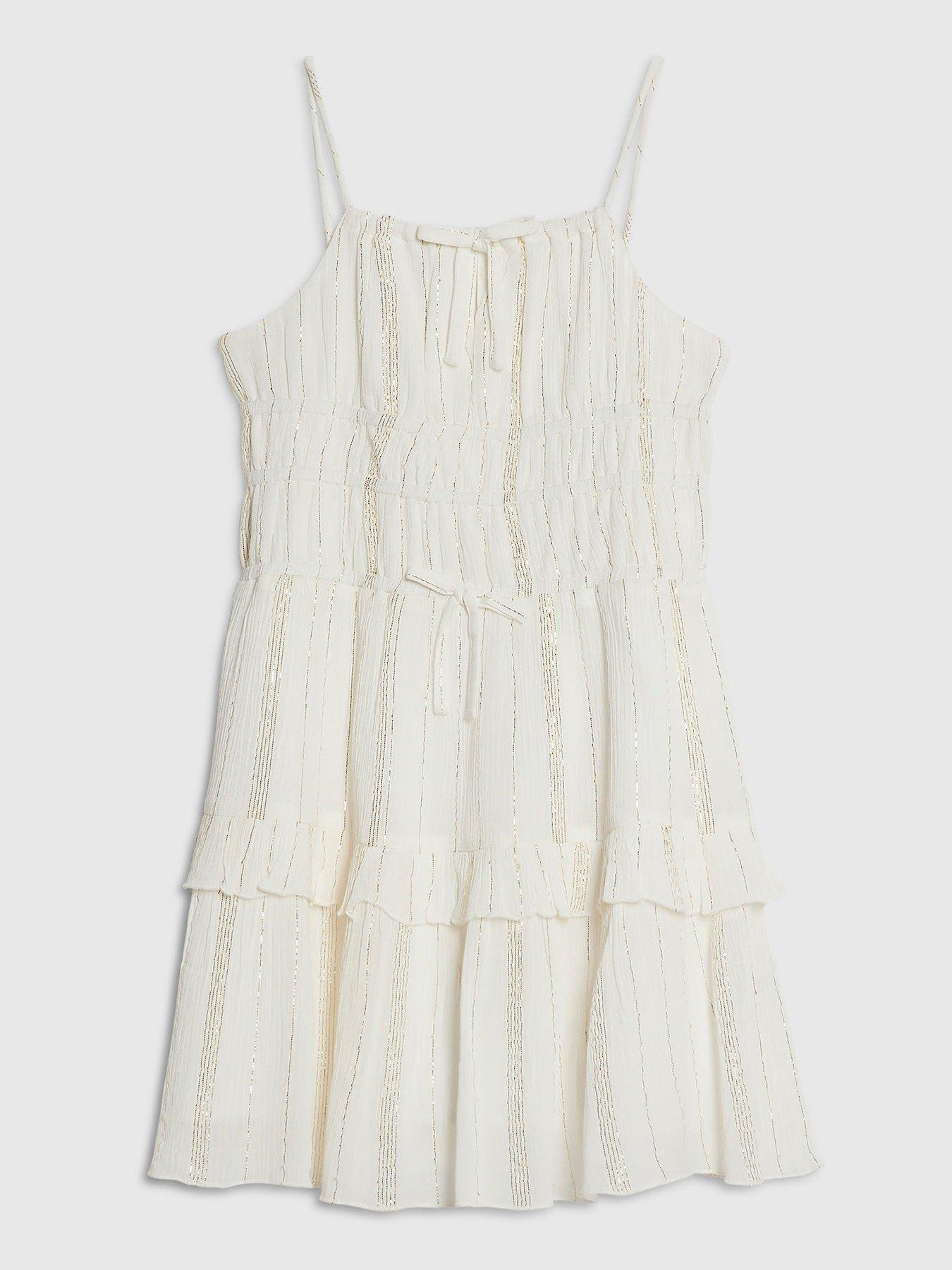 River Island Older Girls Tiered Shimmer Mini Dress, Cream, Size Age: 5-6 Years