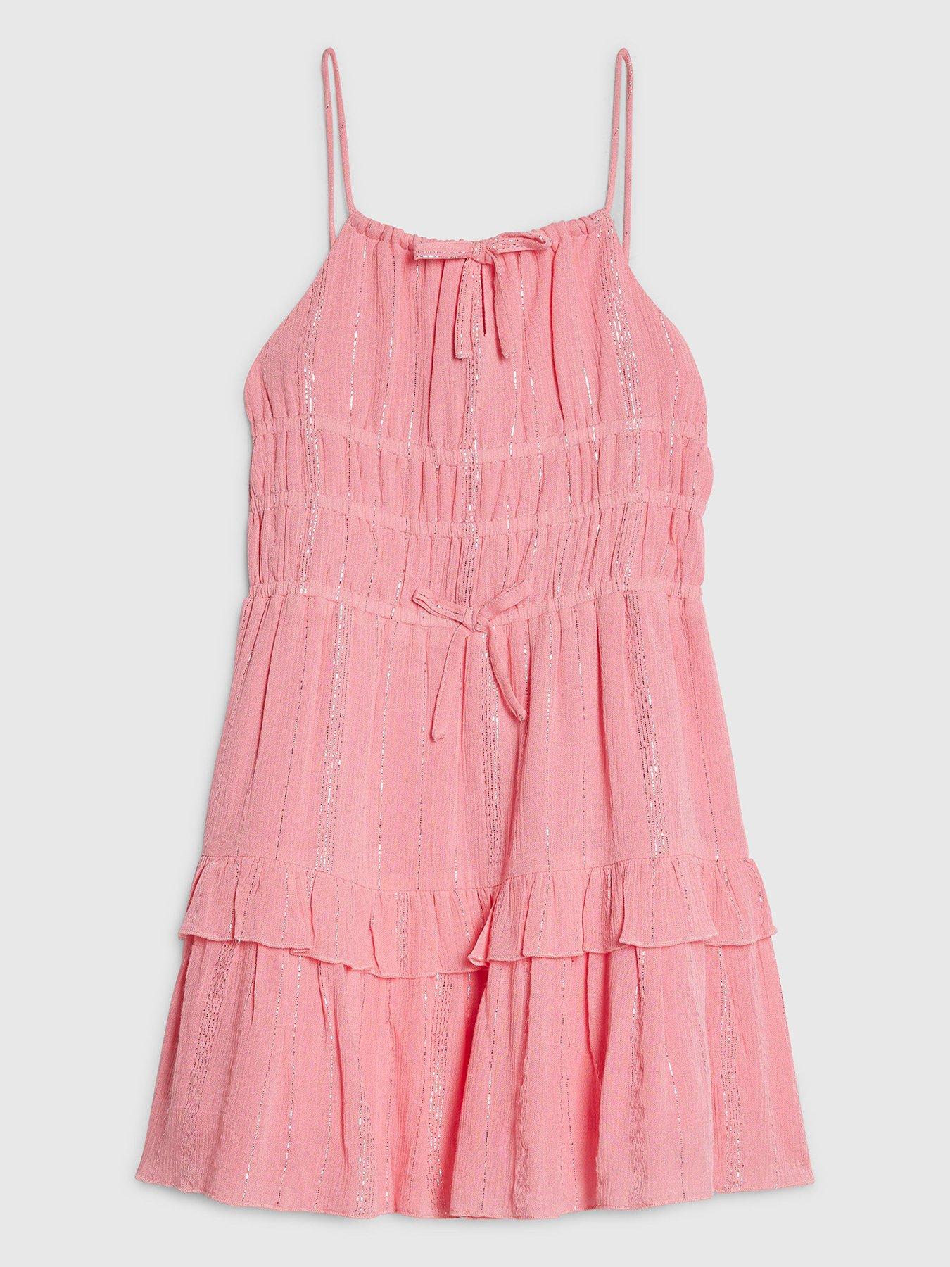 River Island Older Girls Tiered Shimmer Mini Dress, Pink, Size Age: 5-6 Years