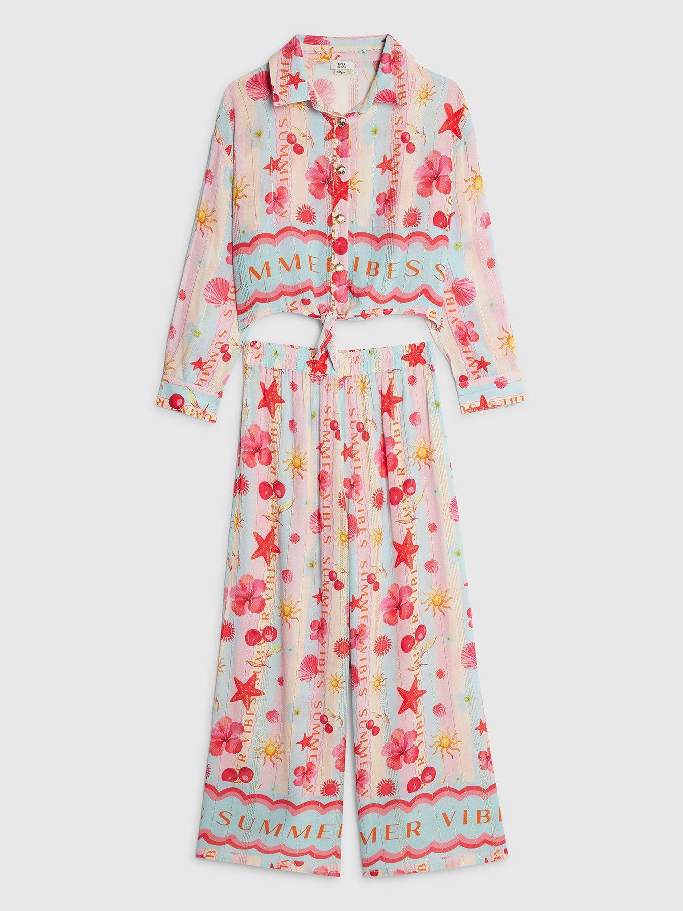 River Island: Older Girls La Mer Stripe Beach Print Trousers Set - Blue/Pink