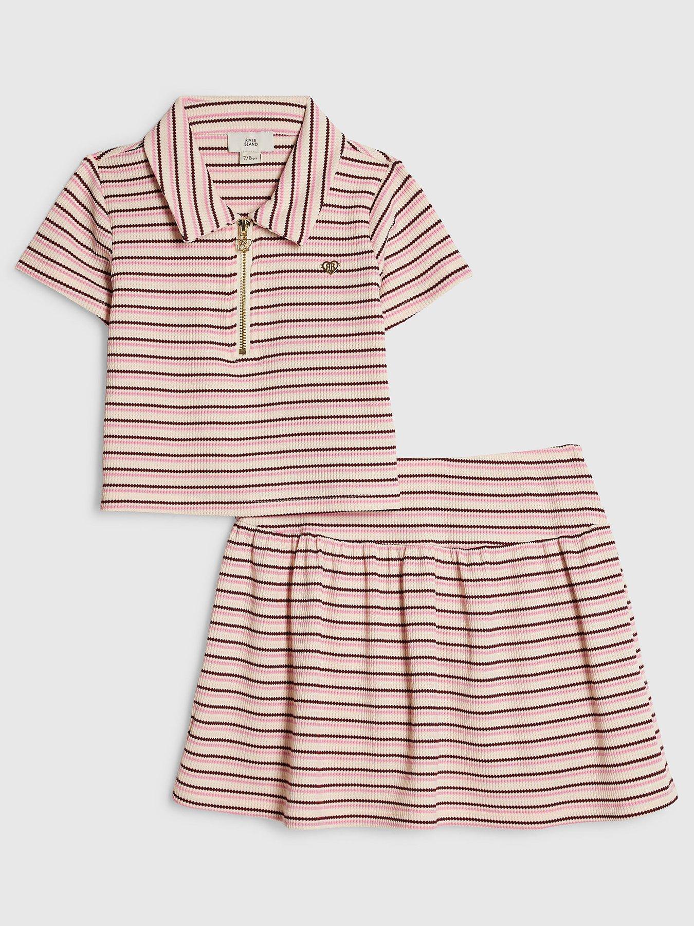 River Island Older Girls Stripe Polo Shirt And Skirt Set - Pink