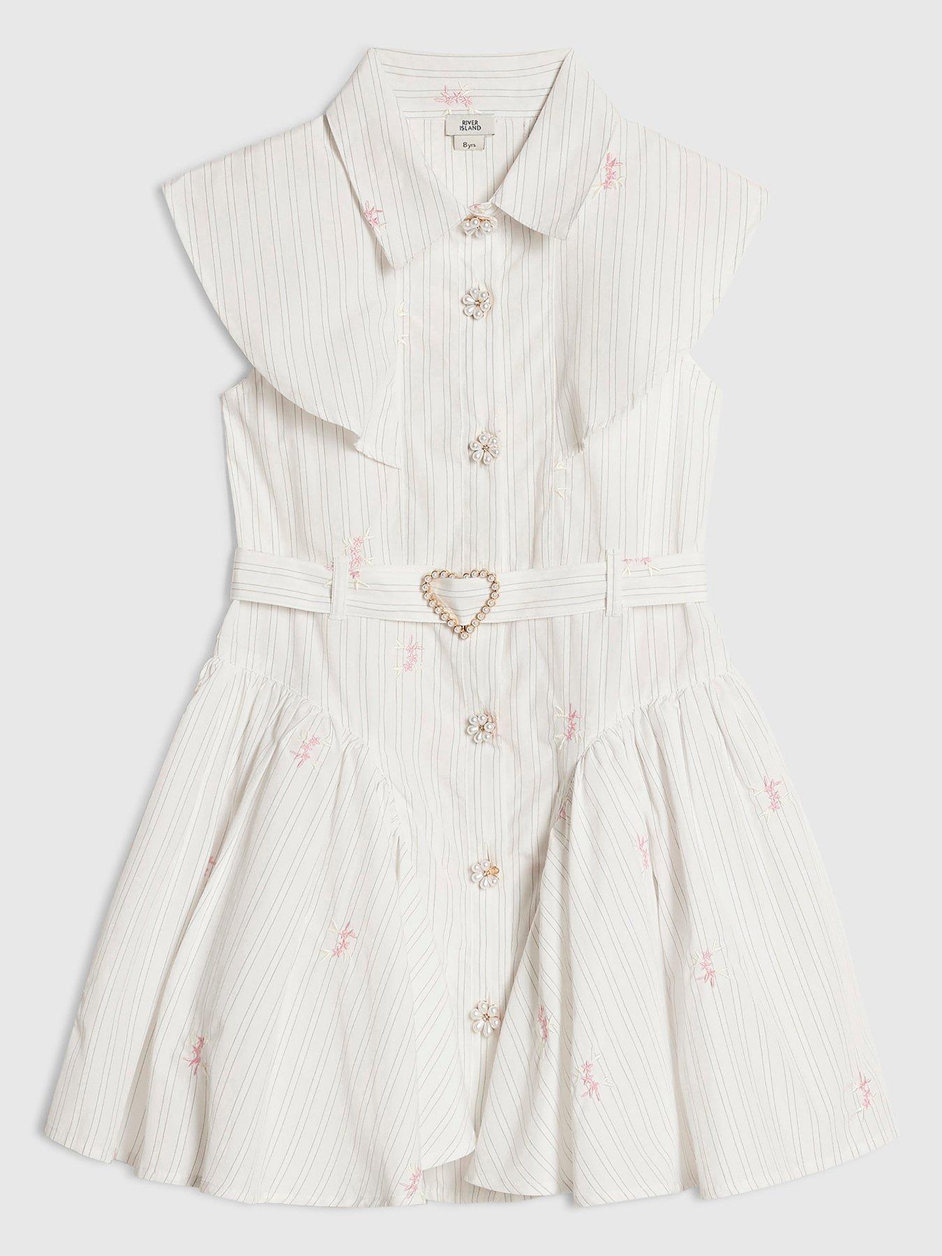 River Island: Older Girls Stripe Belted Shirt Dress - Cream