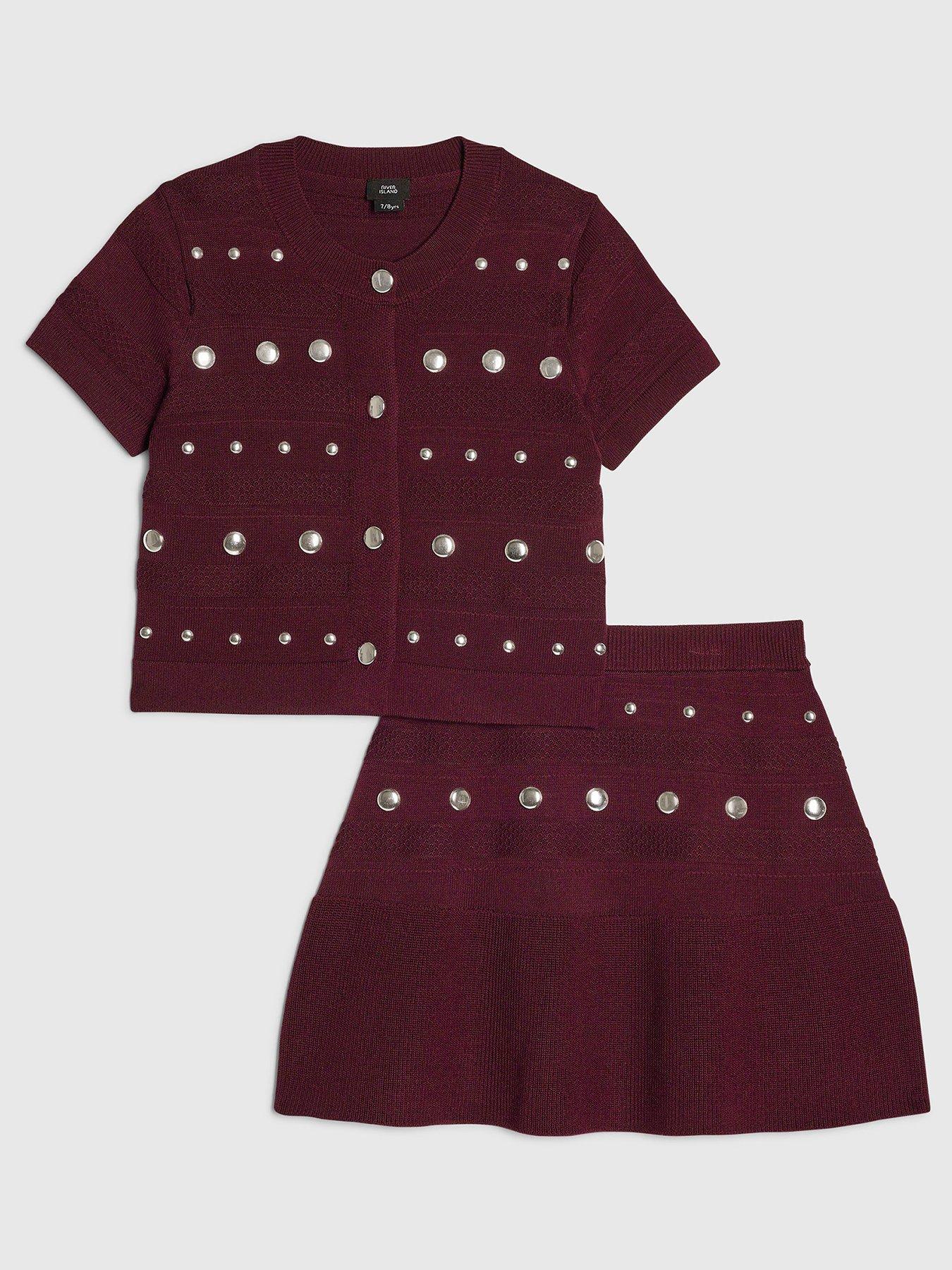 River Island Older Girls Knitted Studded Top And Skirt Set - Red
