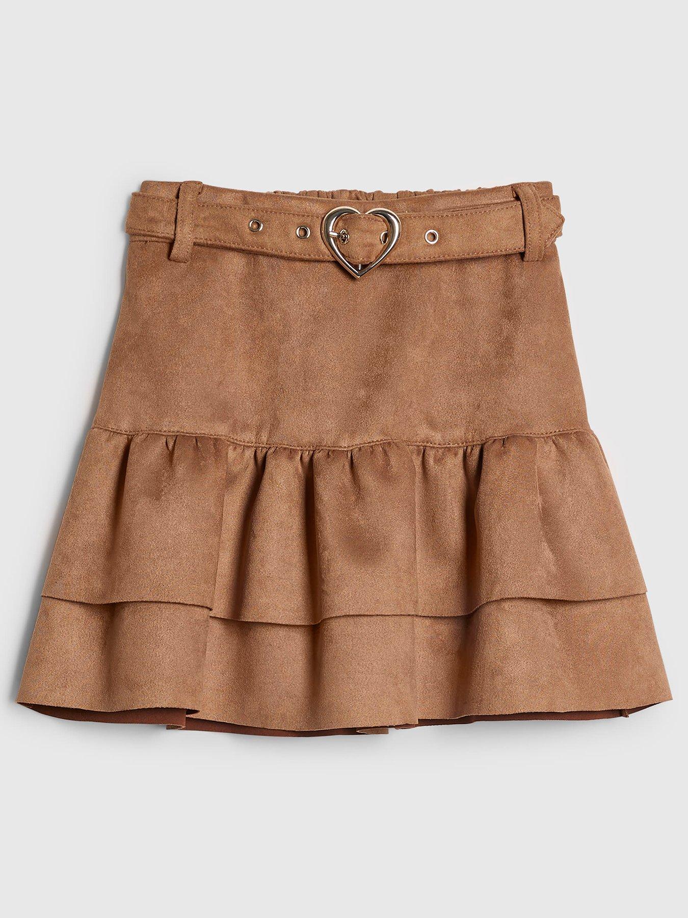 River Island Older Girls Faux Suede Heart Belted Skirt - Brown
