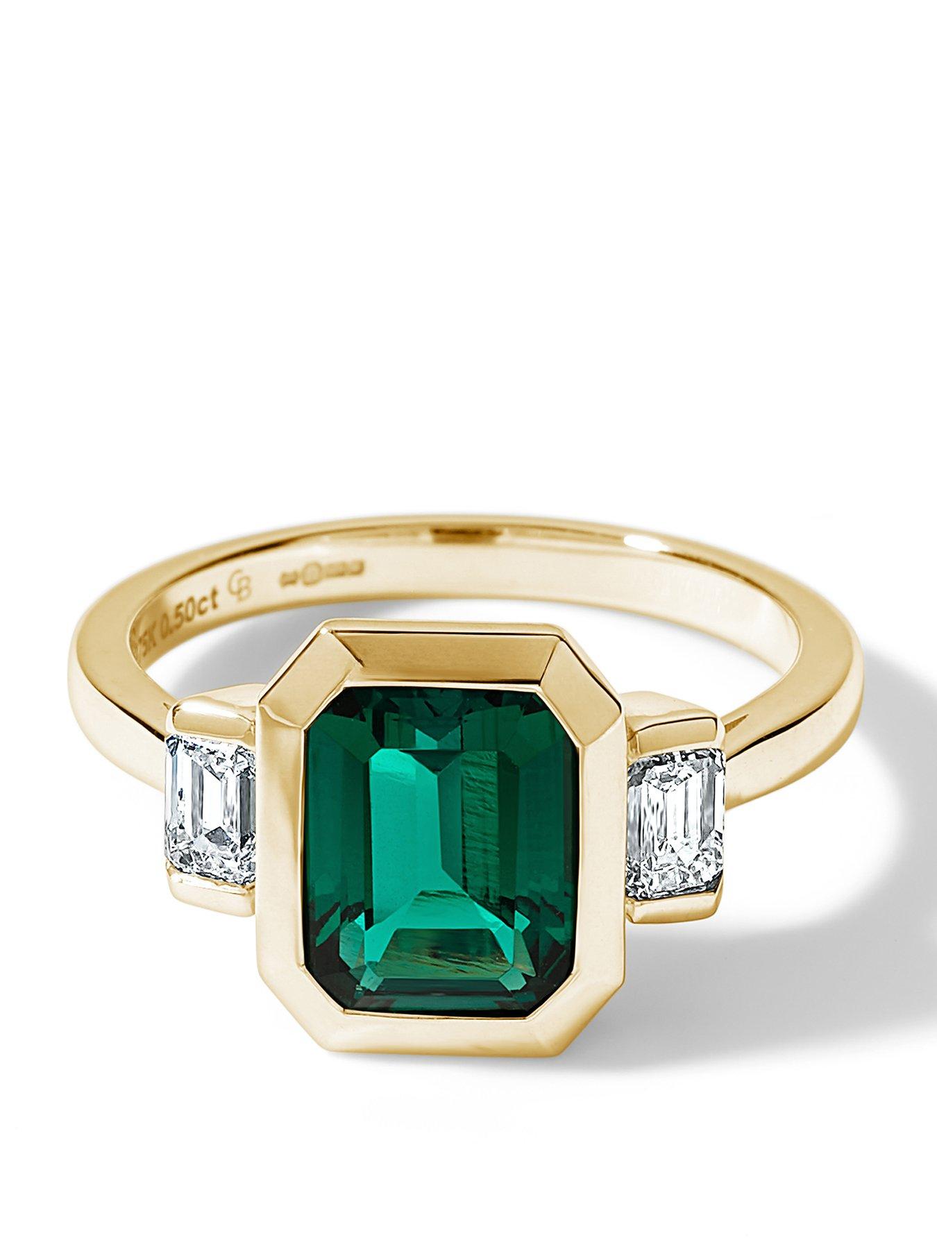Created Brilliance Astrid 9Ct Yellow Gold Created Emerald And 0.50Ct Tw. Lab Grown Diamond Trilogy Ring