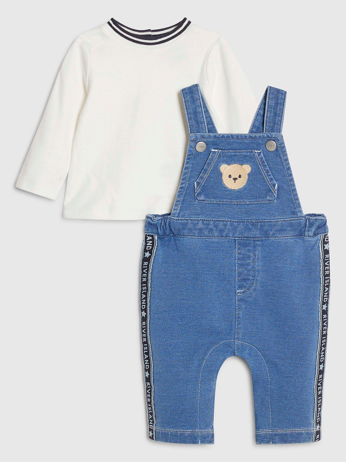 River Island Baby Boys Bear Dungarees, Blue, Size Age: 0-3 Months