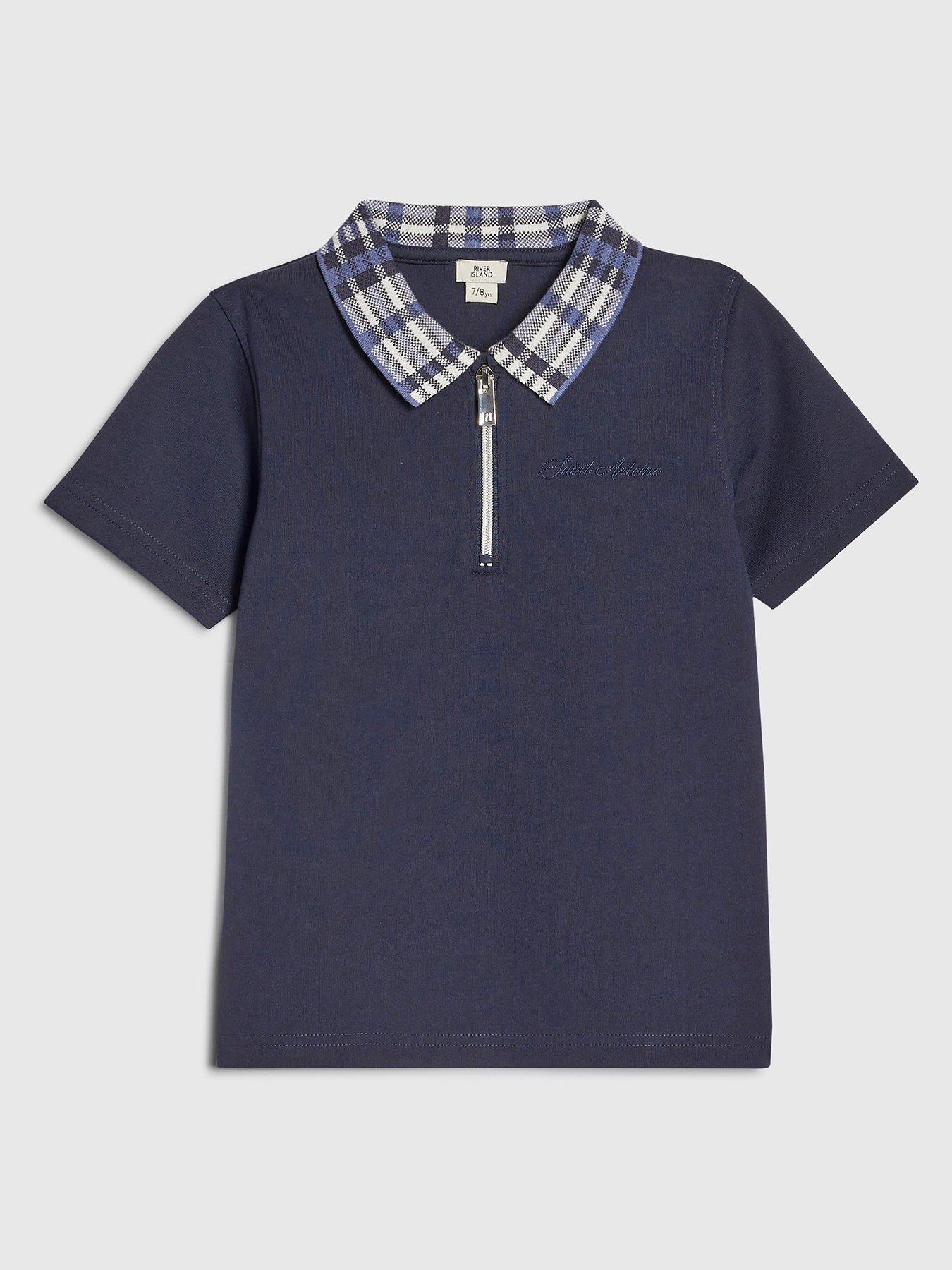 River Island Older Boys Check Collar Polo Shirt - Navy