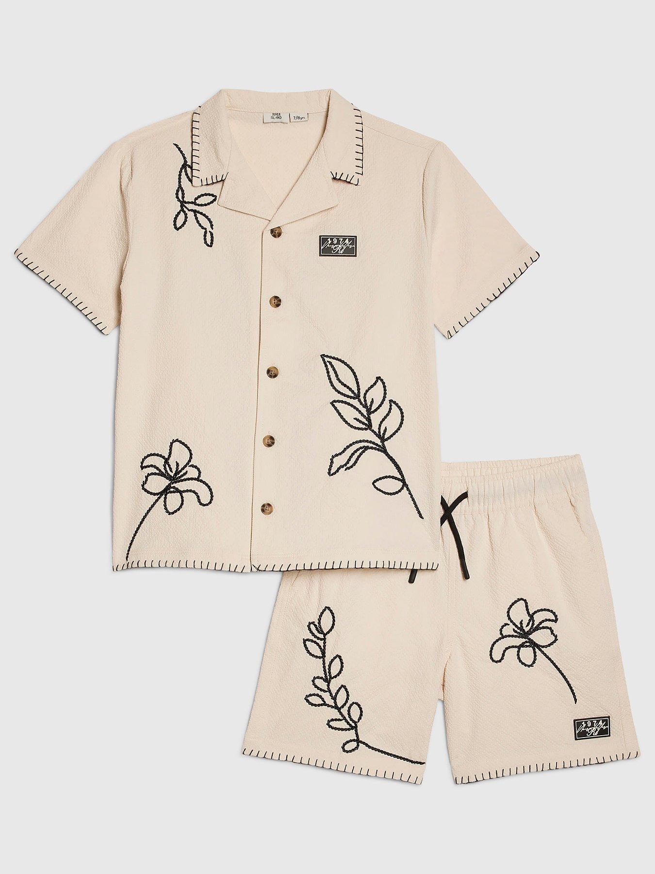 River Island: Older Boys Embroidered Back Print Summer Mode Swim Set - Cream - Beige