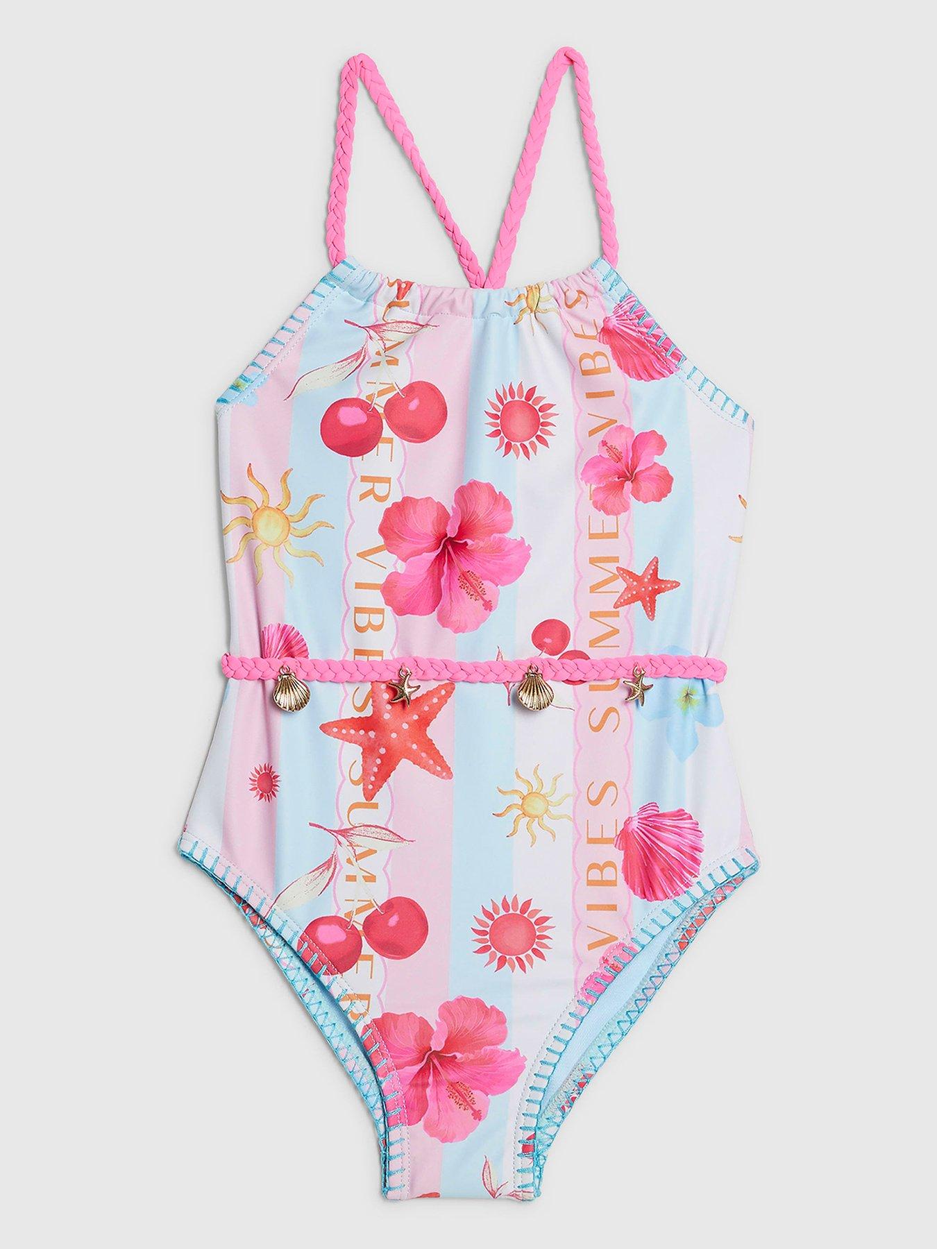 River Island Mini Girls Stripe La Mer Beach Print Swimsuit, Pink/Blue, Size Age: 18-24 Months