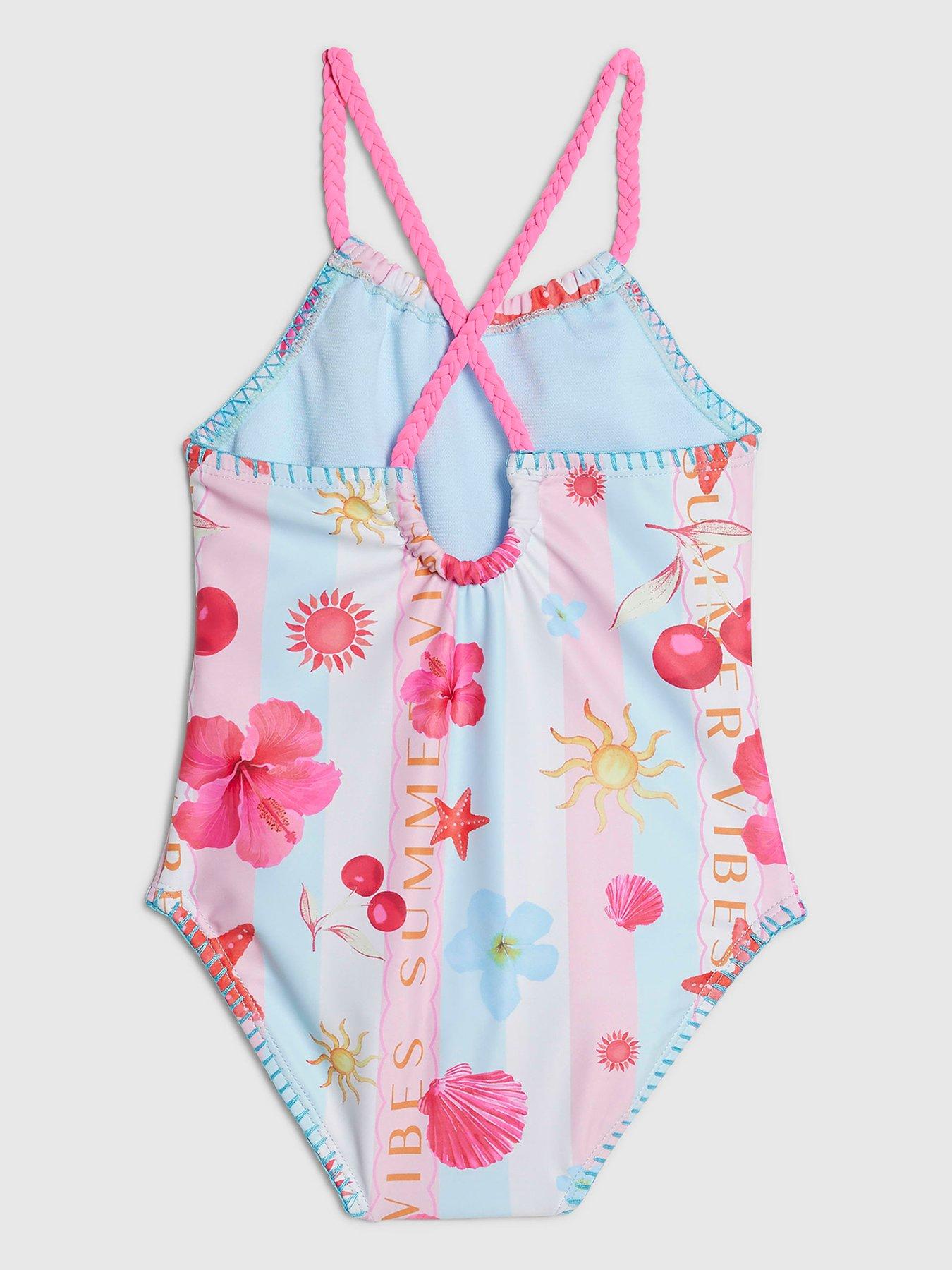 Image 2 of 4 of River Island Mini Girls Stripe La Mer Beach Print Swimsuit - Pink/Blue
