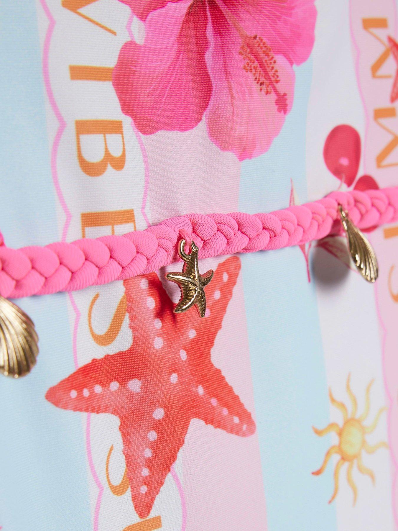 Image 4 of 4 of River Island Mini Girls Stripe La Mer Beach Print Swimsuit - Pink/Blue