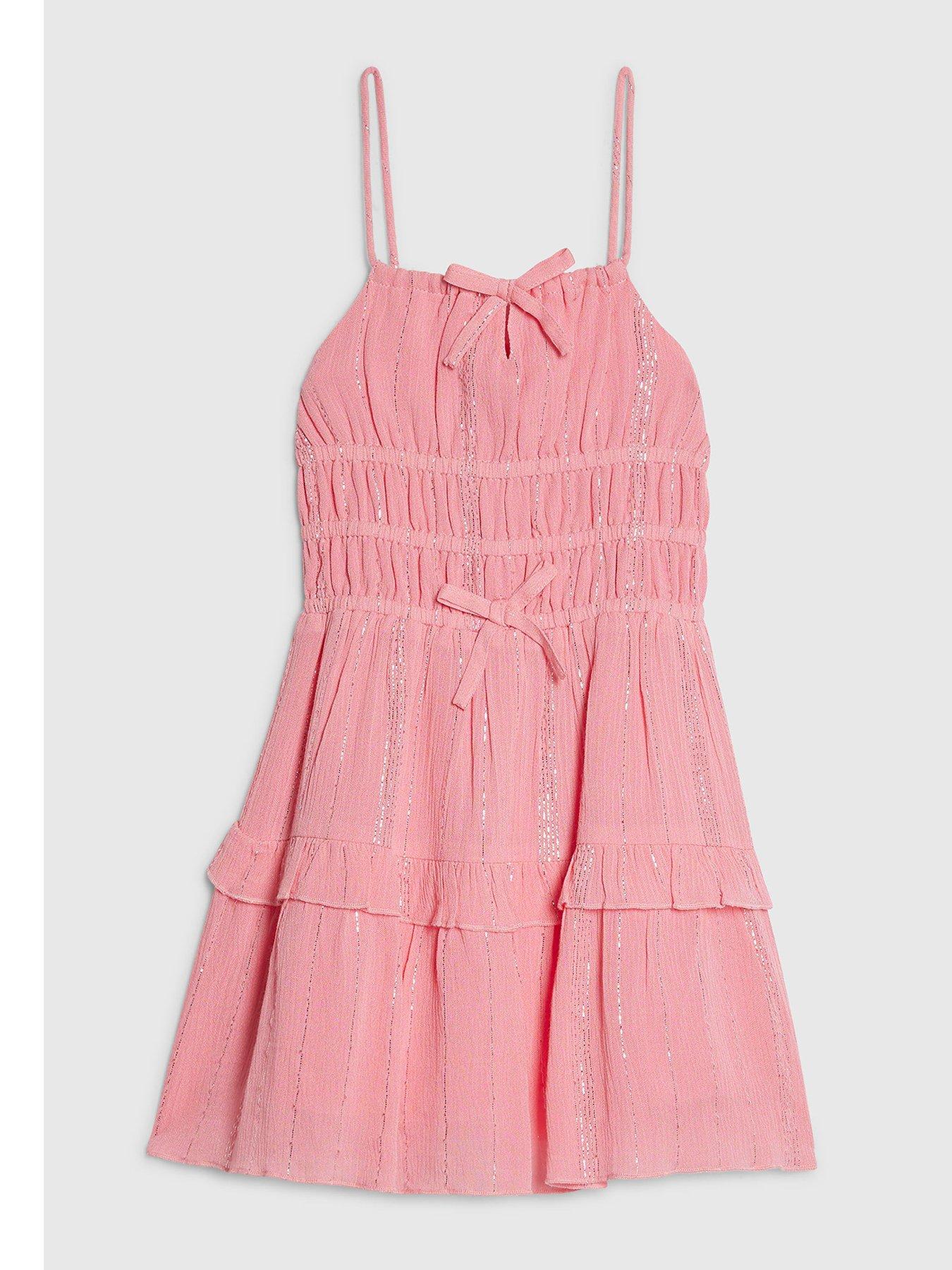 River Island Mini Girls Tiered Shimmer Dress, Pink, Size Age: 4-5 Years