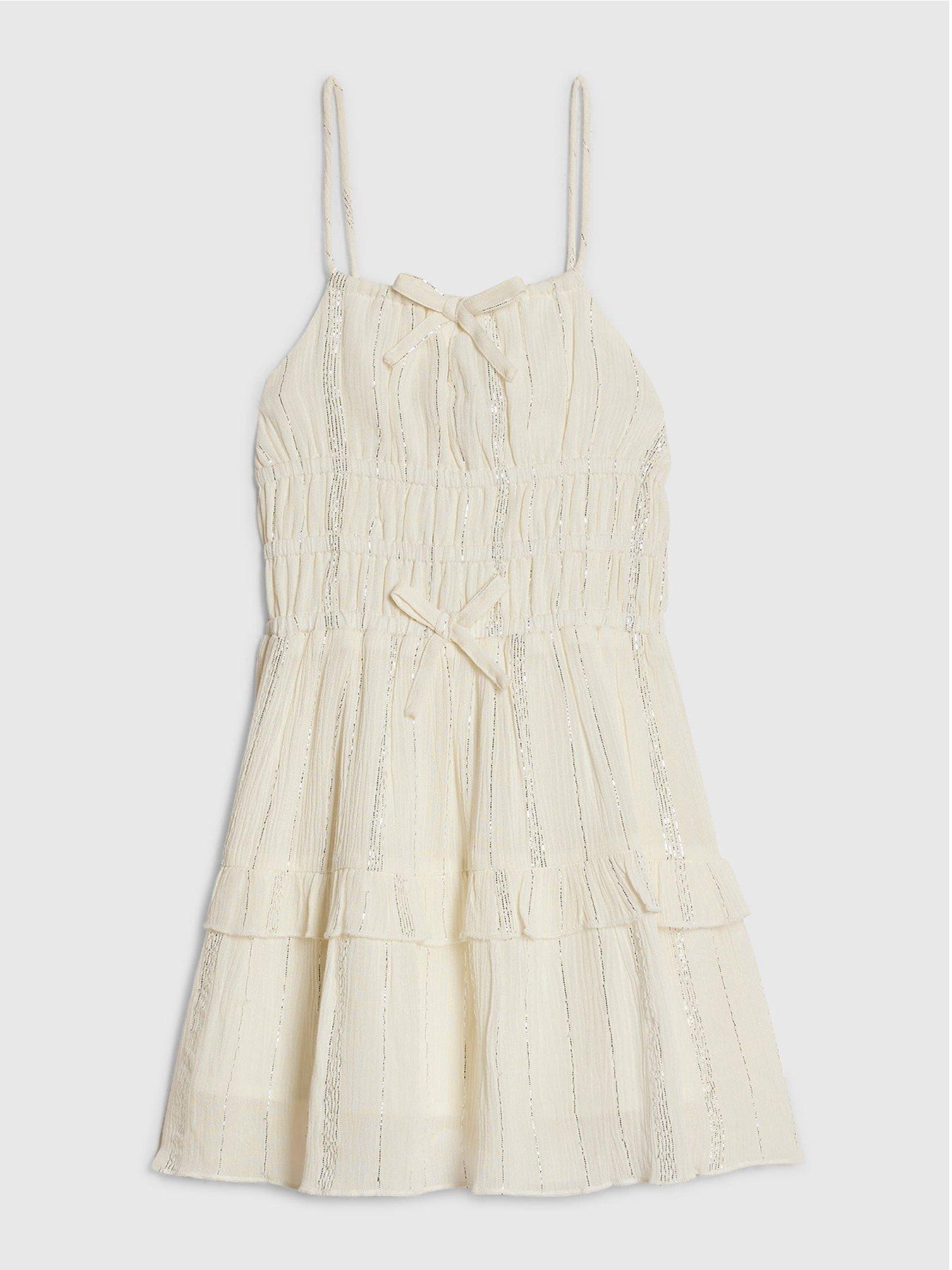 River Island Mini Girls Tiered Shimmer Dress, Cream, Size Age: 18-24 Months