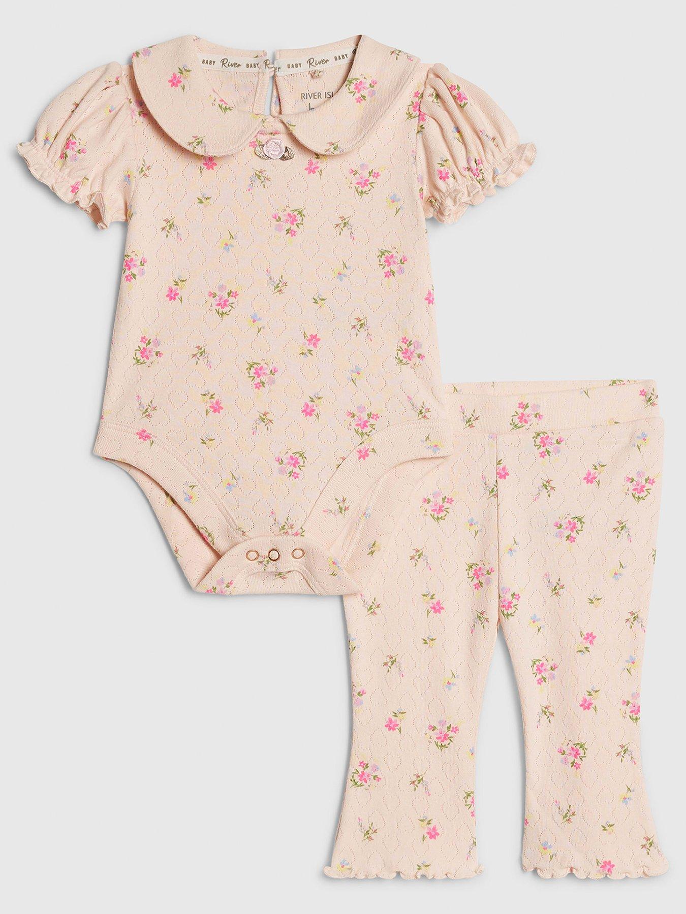 Image 1 of 4 of River Island Baby Girls Pointelle Floral Romper Set - Pink