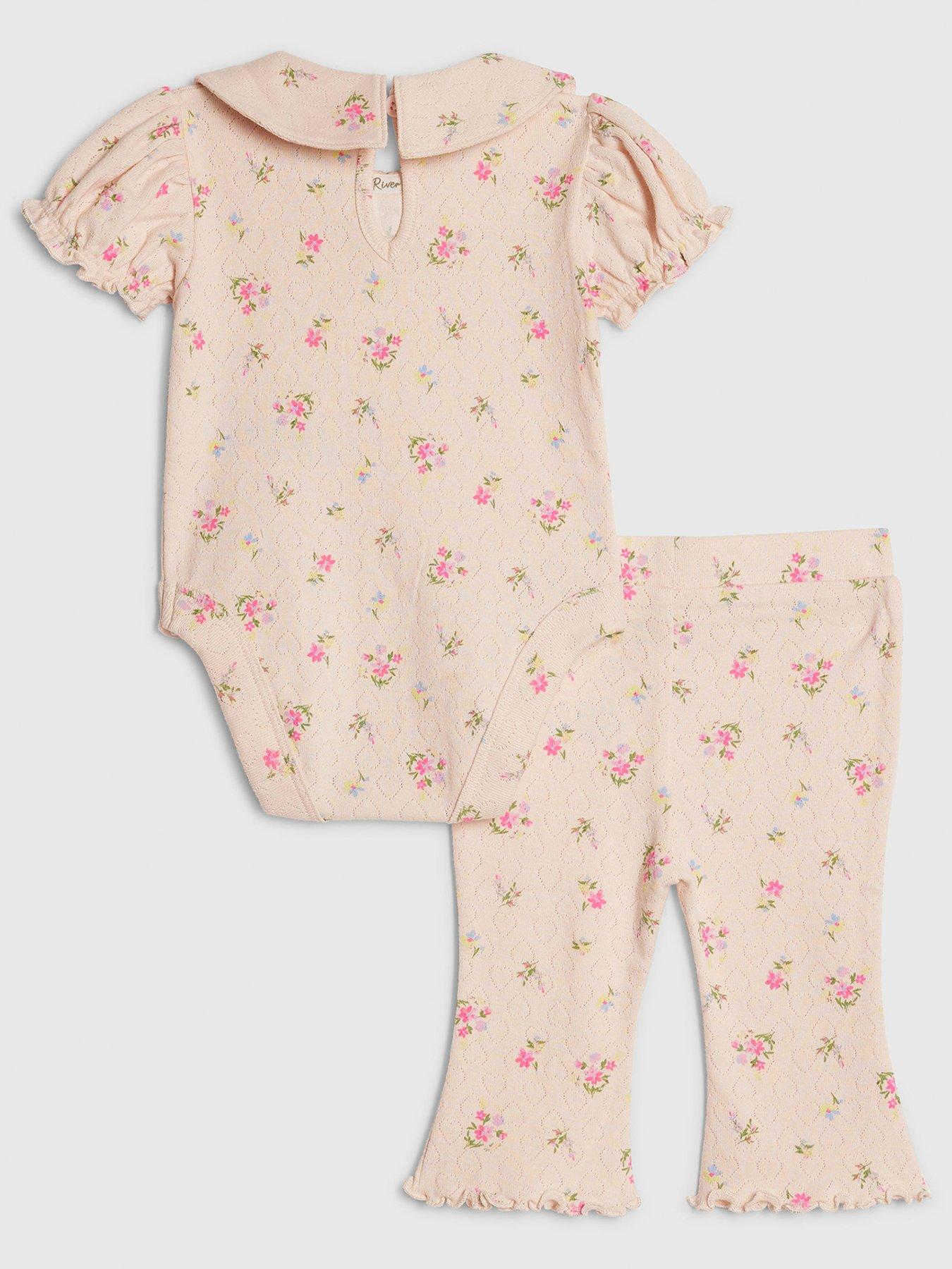 Image 2 of 4 of River Island Baby Girls Pointelle Floral Romper Set - Pink