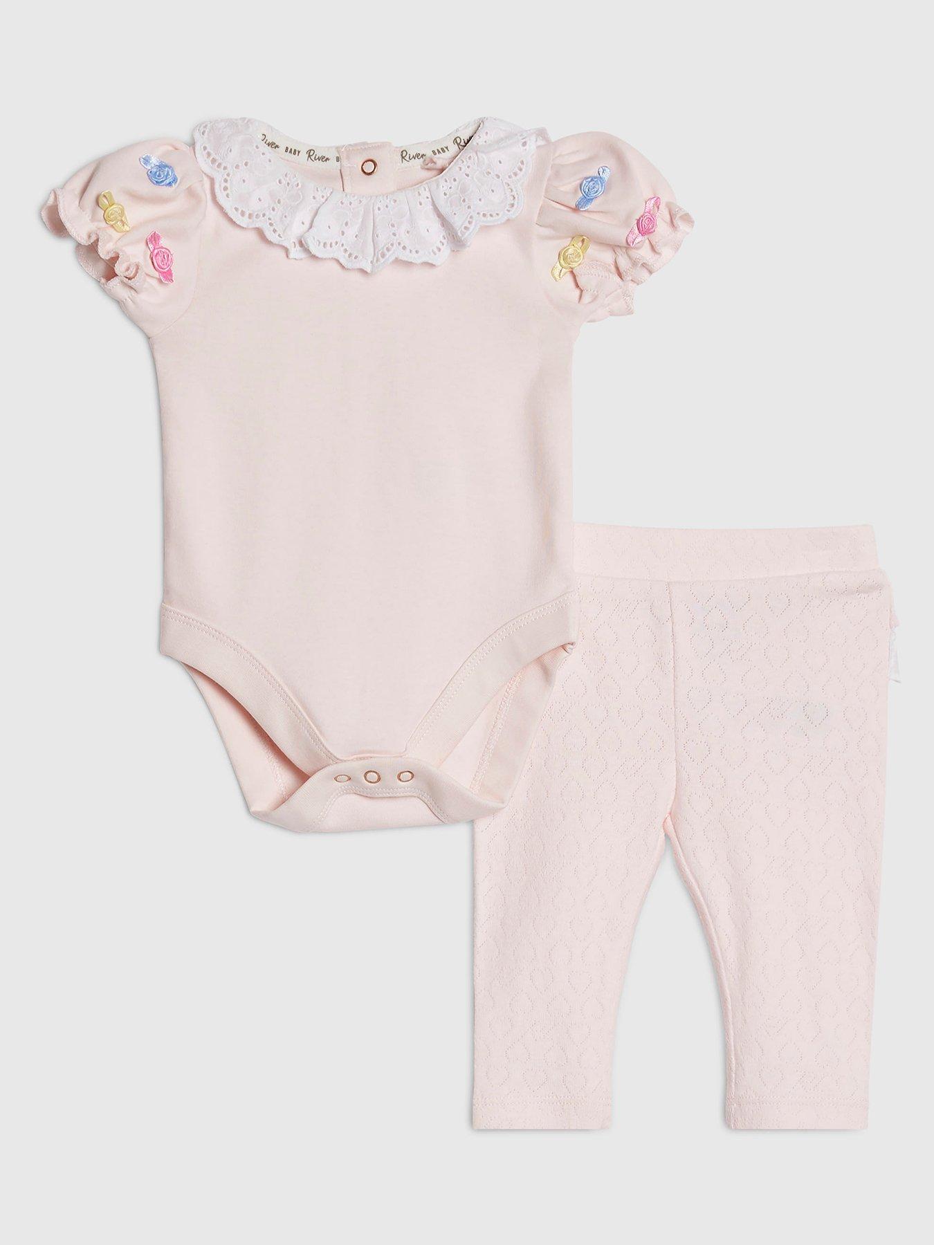 River Island Baby Girls Rosette Frill Bodysuit Set, Pink, Size Age: 6-9 Months