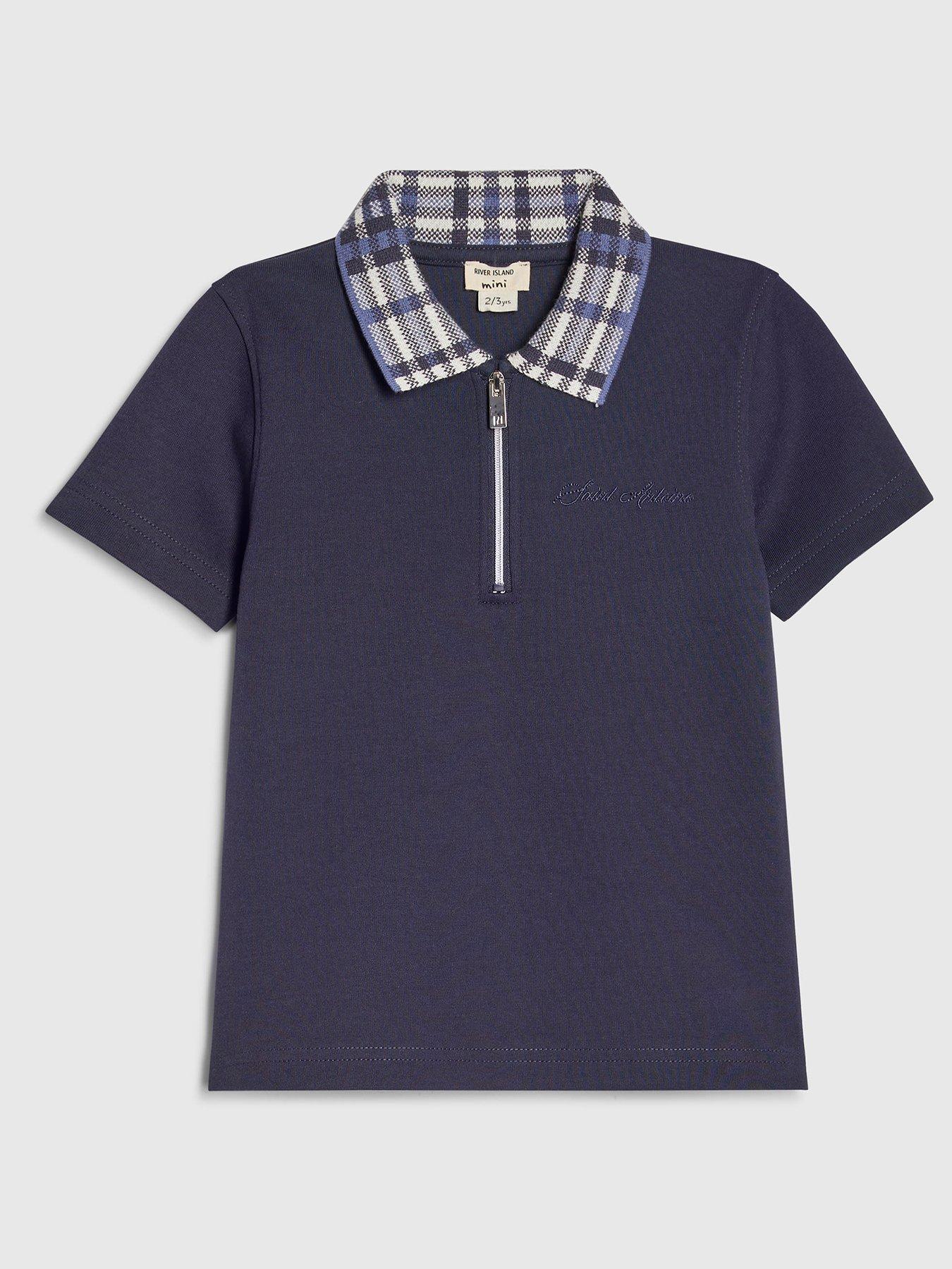 River Island Mini Boys Check Collar Polo Shirt - Navy