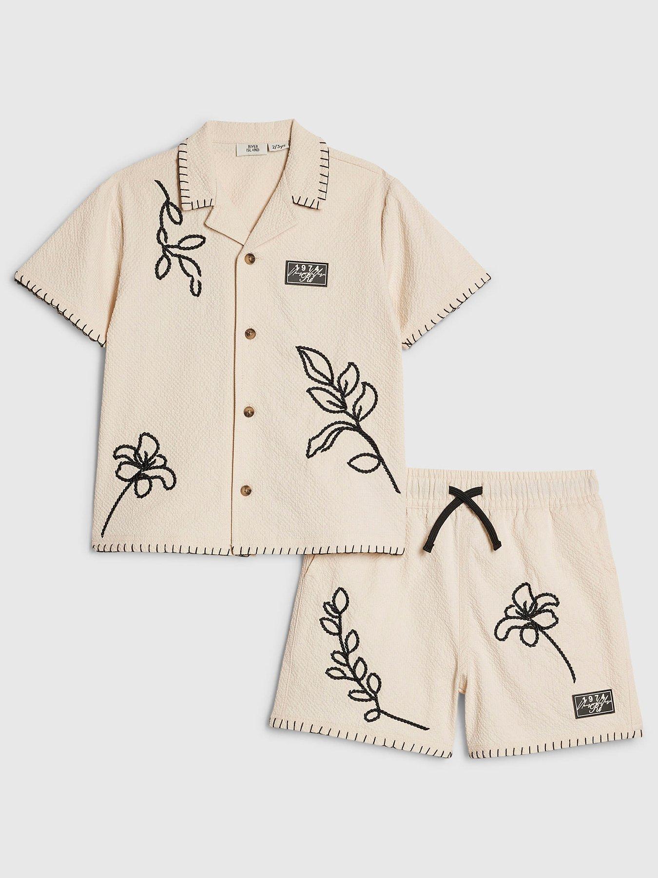 River Island Mini: Boys Embroidered Back Print Summer Mode Swim Set - Beige