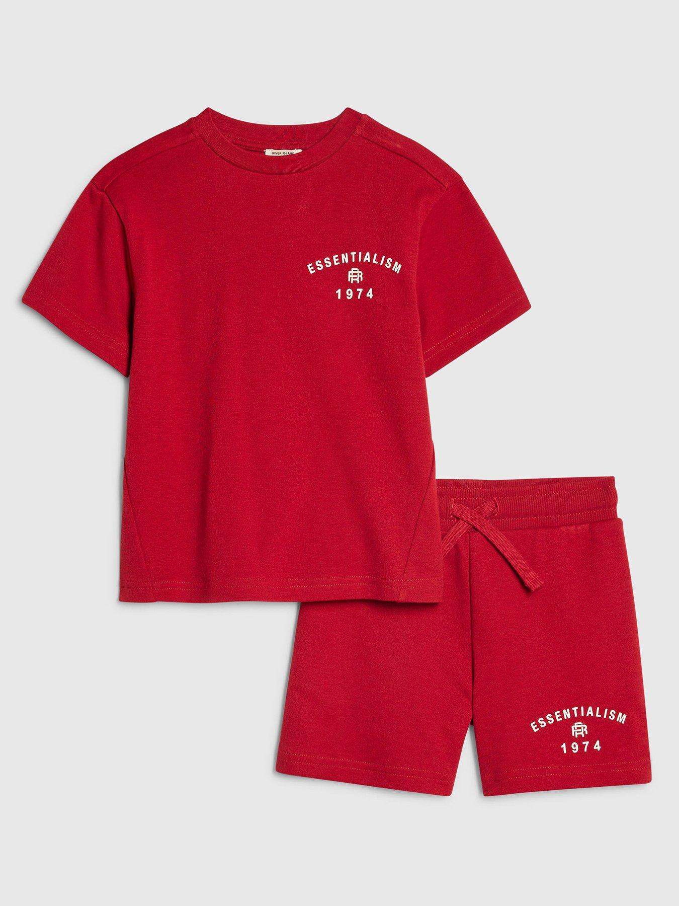 Image 1 of 5 of River Island Mini Boys Essentialism T-Shirt And Short Set - Dark Red