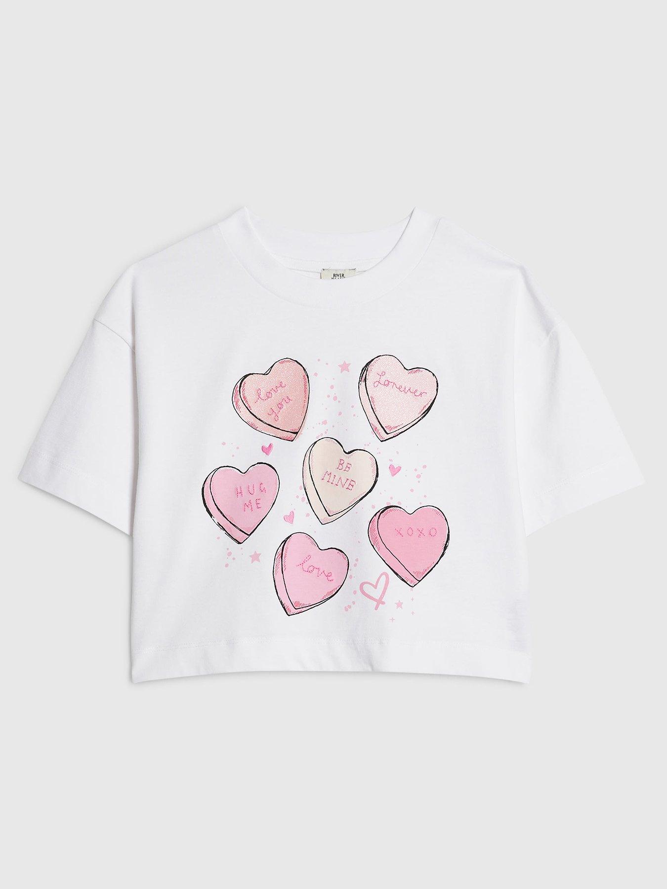 River Island Older Girls Heart Graphic Cropped T-Shirt - White