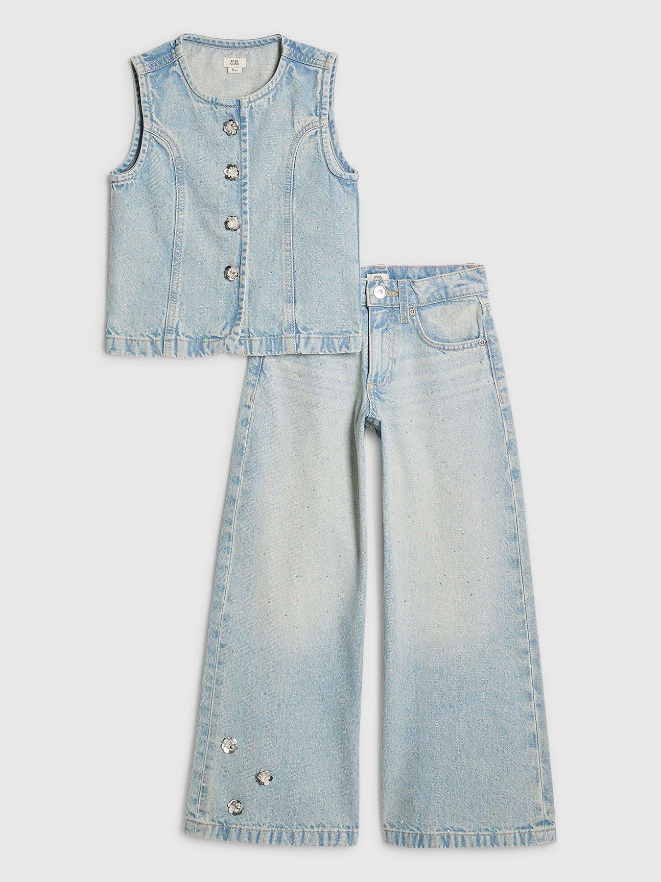 River Island Older Girls Denim Embellished Waistcoat Set, Blue, Size Age: 12 Years
