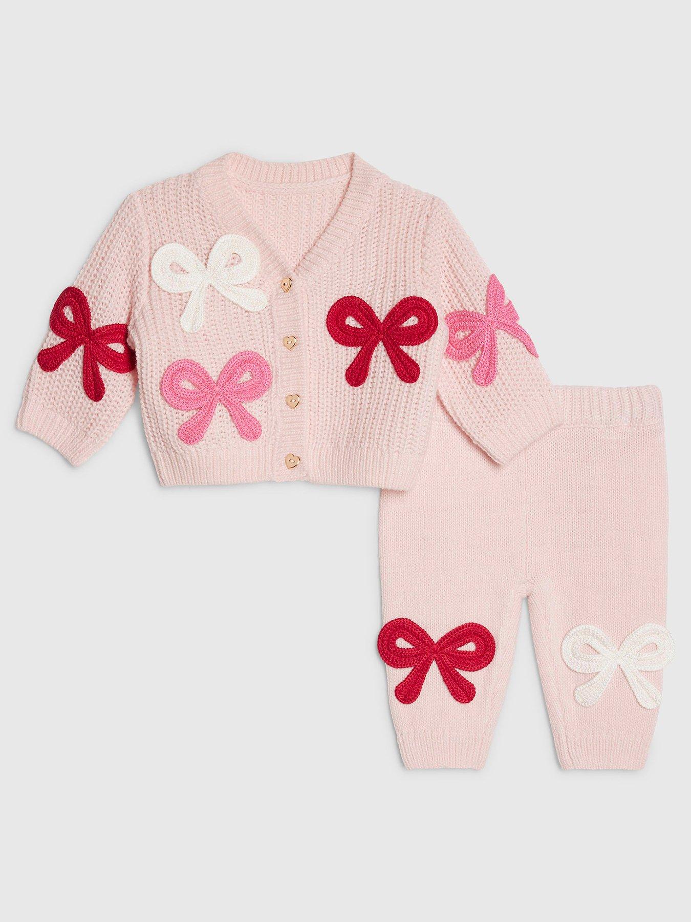 Image 1 of 4 of River Island Baby Girls 3D Bow Knit Cardigan Set - Pink