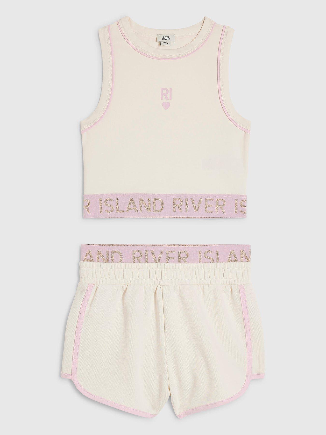 Image 1 of 4 of River Island Older Girls Glitter Waistband Tank And Short Set - Cream