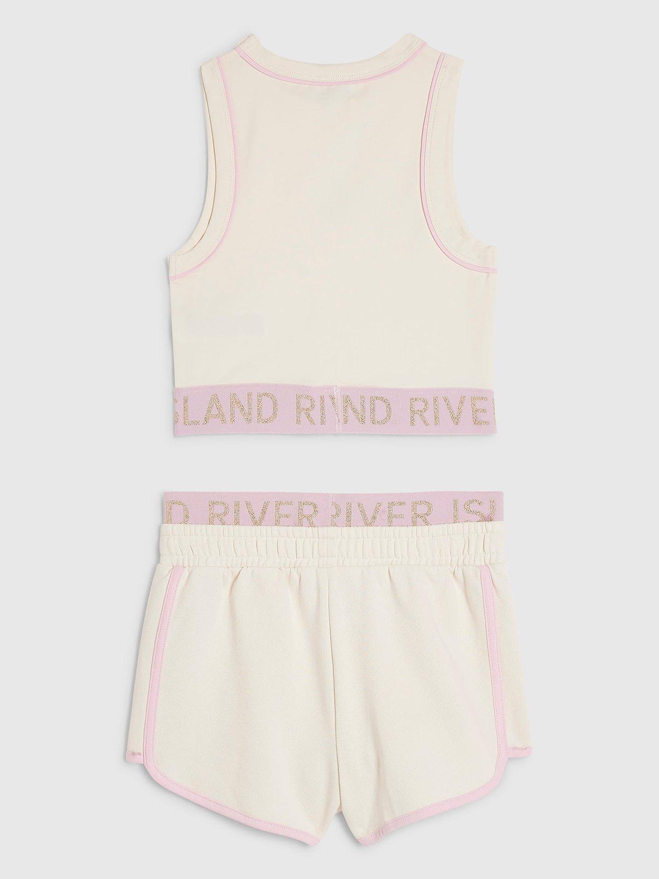 Image 2 of 4 of River Island Older Girls Glitter Waistband Tank And Short Set - Cream