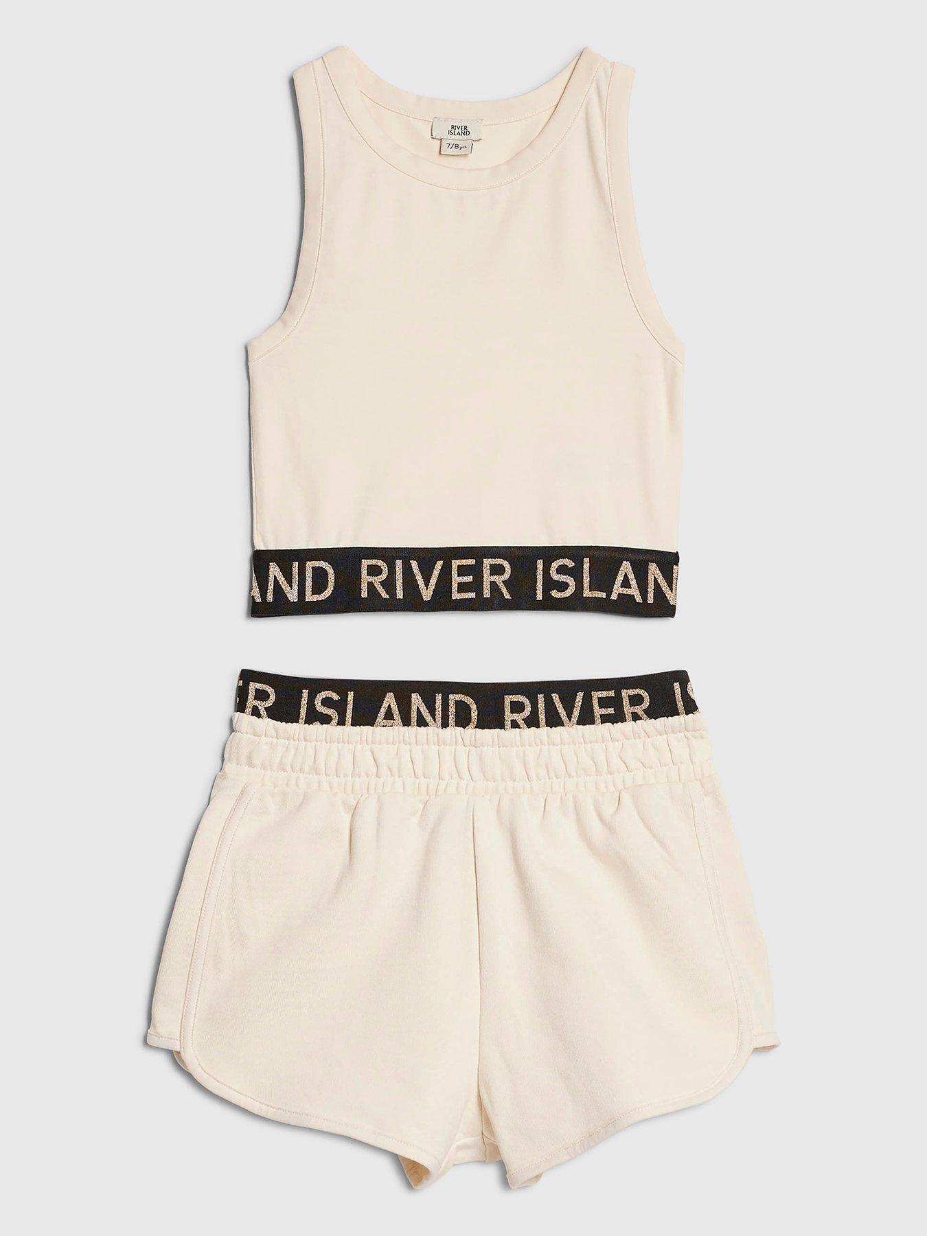 River Island Older Girls Branded Waistband Tank Top And Shorts Set - Cream