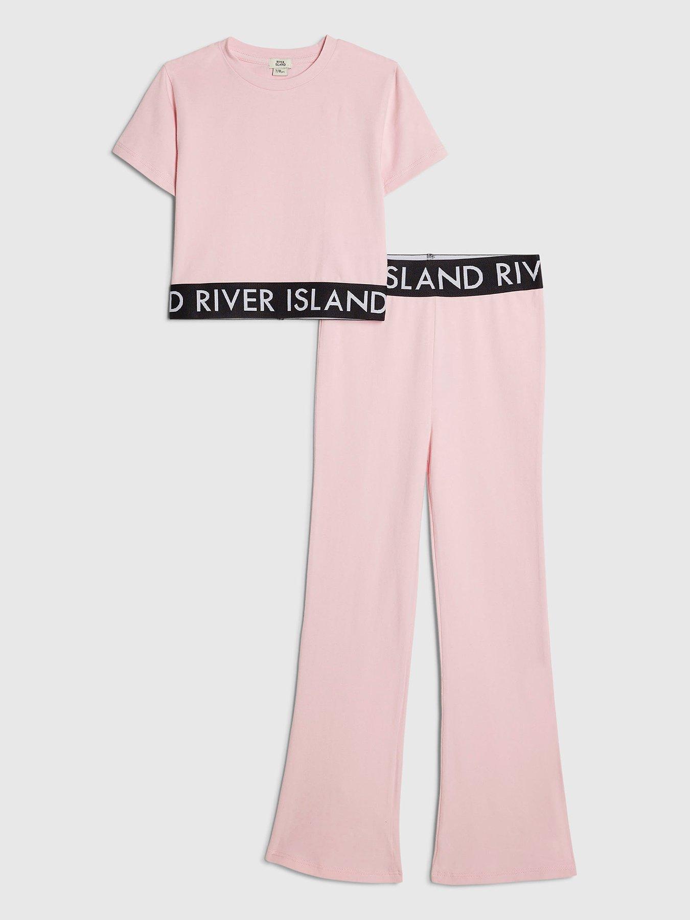 River Island Older Girls Branded Waistband T-Shirt And Flared Leggings Set - Pink