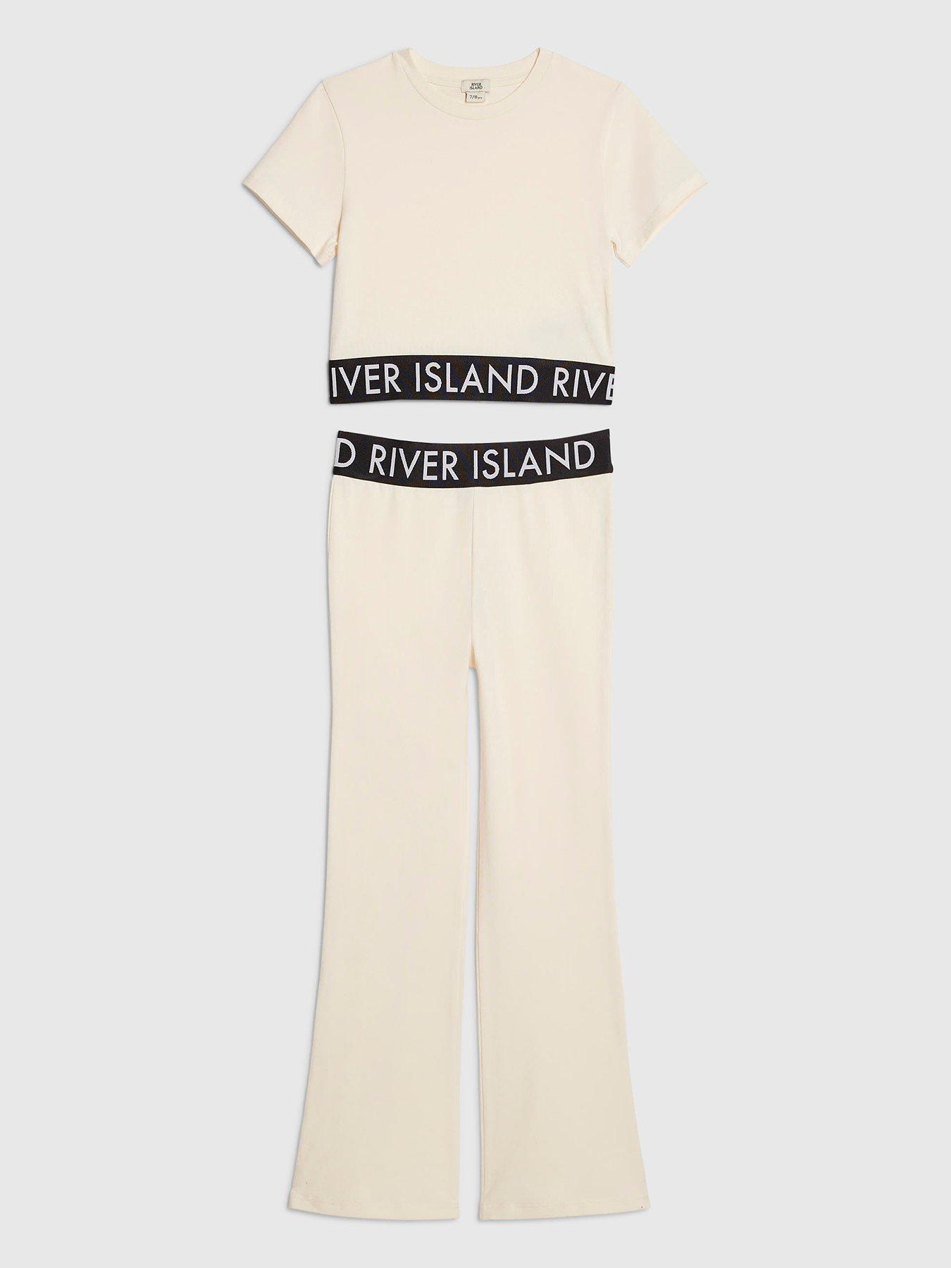 River Island Older Girls Branded Waistband T-Shirt And Flared Leggings Set - Cream