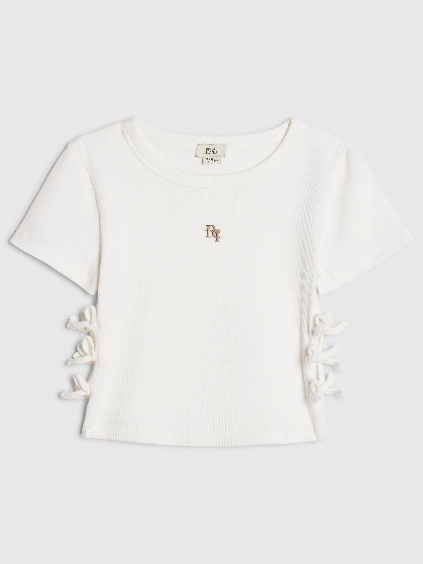 River Island Older Girls 3D Bow Ribbed T Shirt, White, Size Age: 11-12 Years