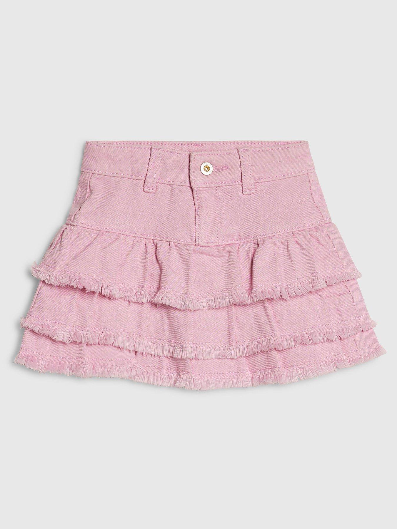 River Island Mini Girls Denim Frill Tiered Skirt, Pink, Size Age: 18-24 Months