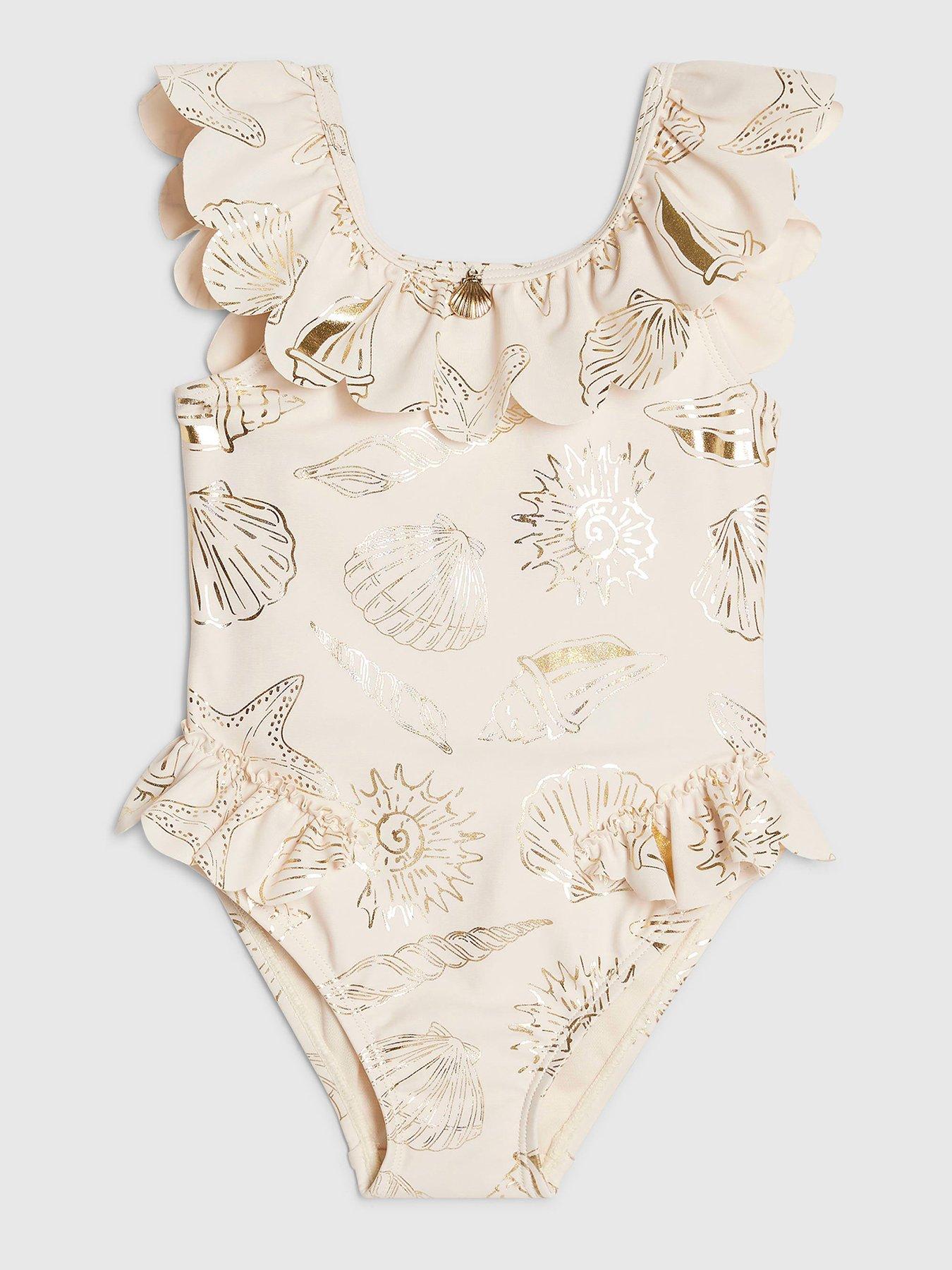 River Island Mini Girls Gold Foil Shell Swimsuit - Cream