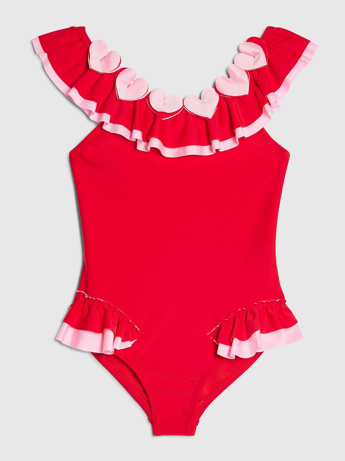 River Island Mini Girls Heart Frill Swimsuit, Red, Size Age: 18-24 Months