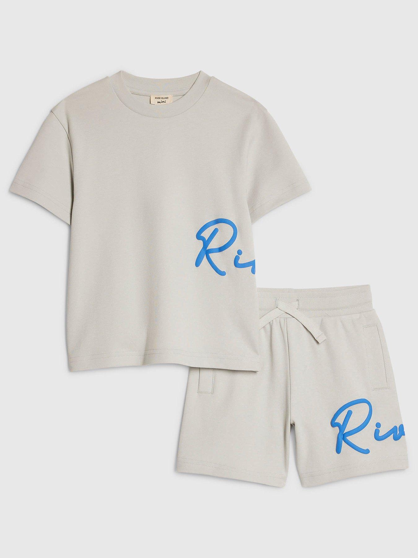 Image 1 of 5 of River Island Mini Boys Branded T-Shirt And Shorts Set - Grey