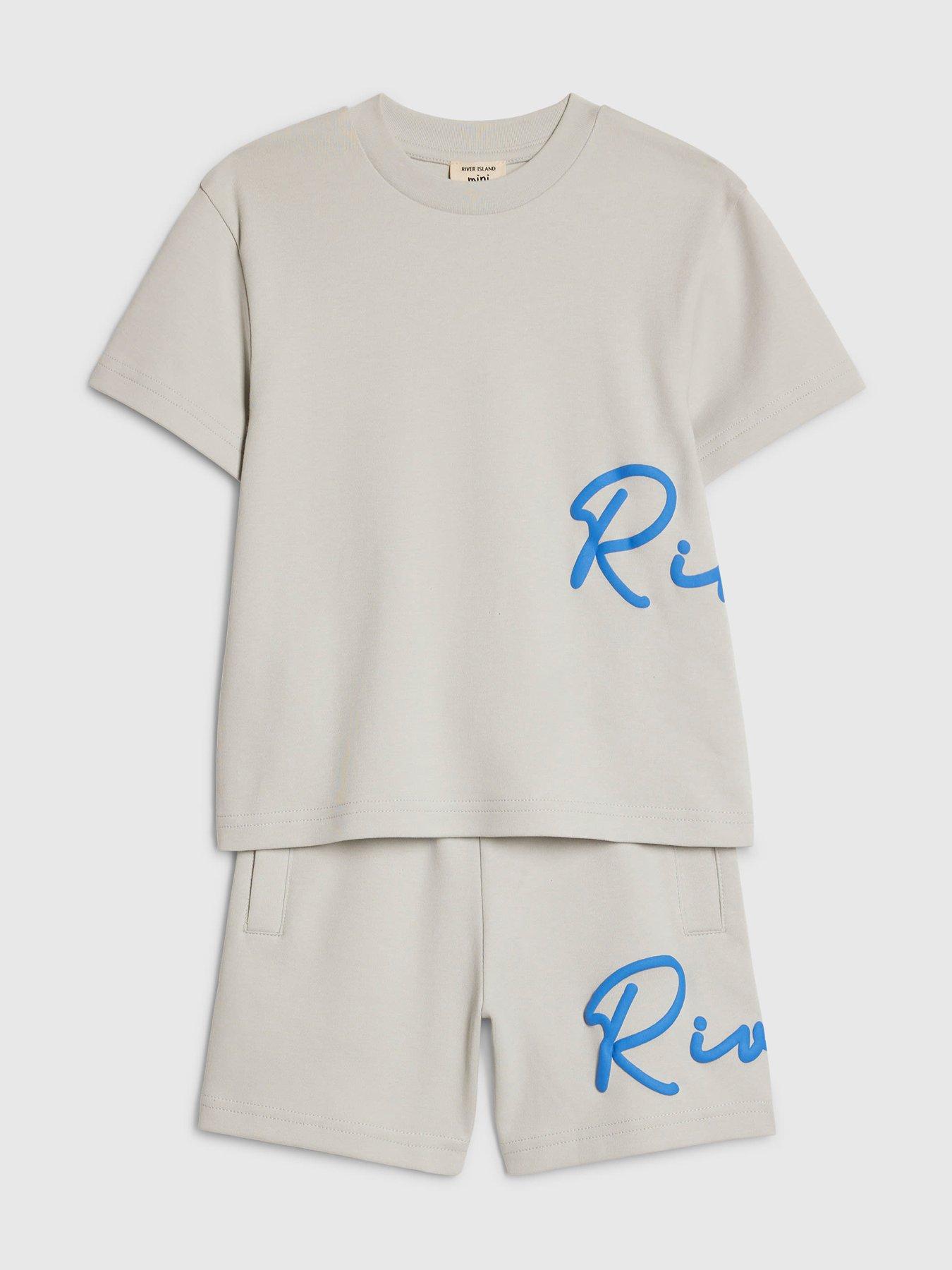 Image 3 of 5 of River Island Mini Boys Branded T-Shirt And Shorts Set - Grey
