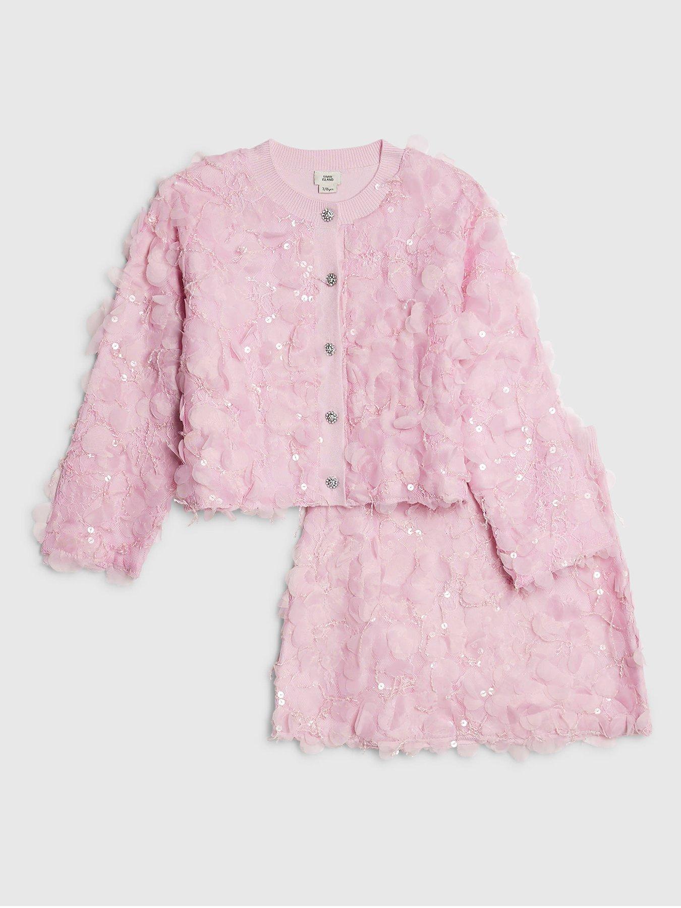 River Island Older Girls 3D Sequin Floral Skirt Set - Pink