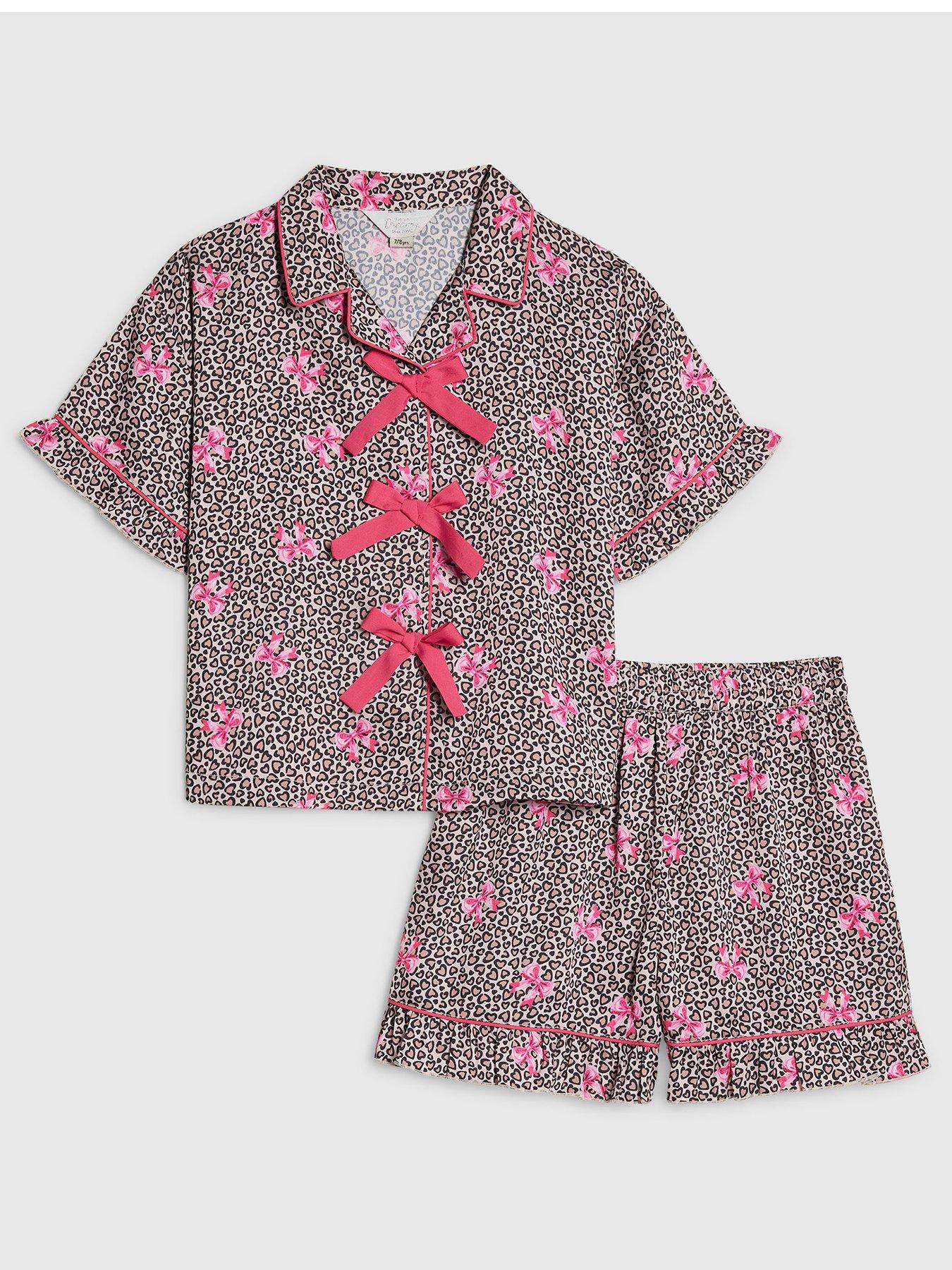 Image 1 of 5 of River Island Older Girls Leopard Bow Satin Pyjamas - Brown