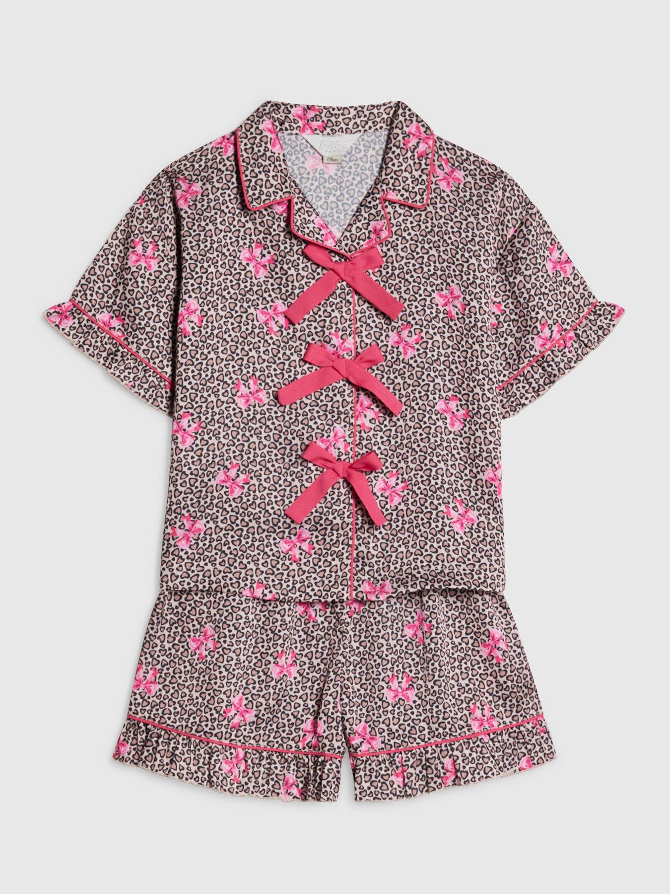 Image 3 of 5 of River Island Older Girls Leopard Bow Satin Pyjamas - Brown