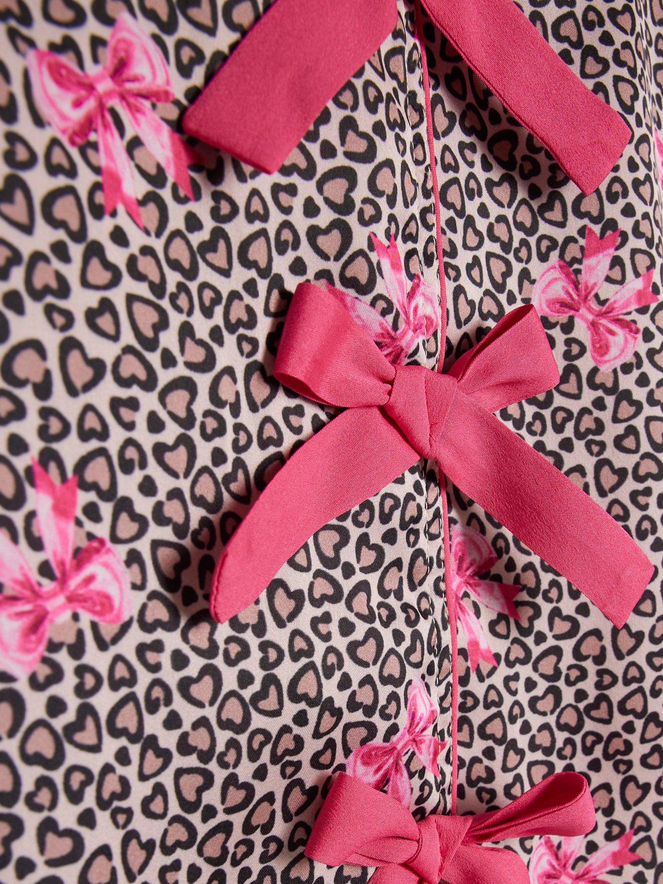 Image 4 of 5 of River Island Older Girls Leopard Bow Satin Pyjamas - Brown