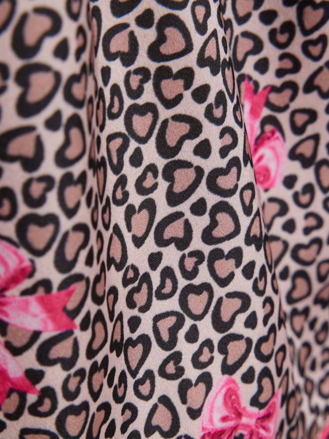Image 5 of 5 of River Island Older Girls Leopard Bow Satin Pyjamas - Brown