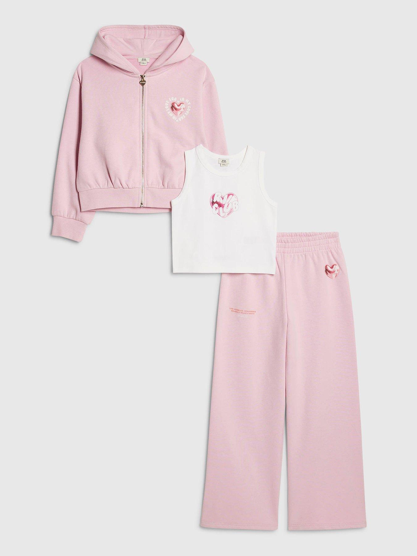 Image 1 of 5 of River Island Older Girls Love Club 3 Piece Hoodie Set - Pink