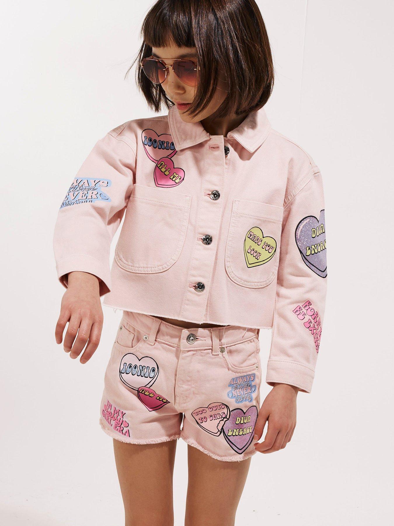 River Island Older Girls Love Heart Denim Jacket - Pink
