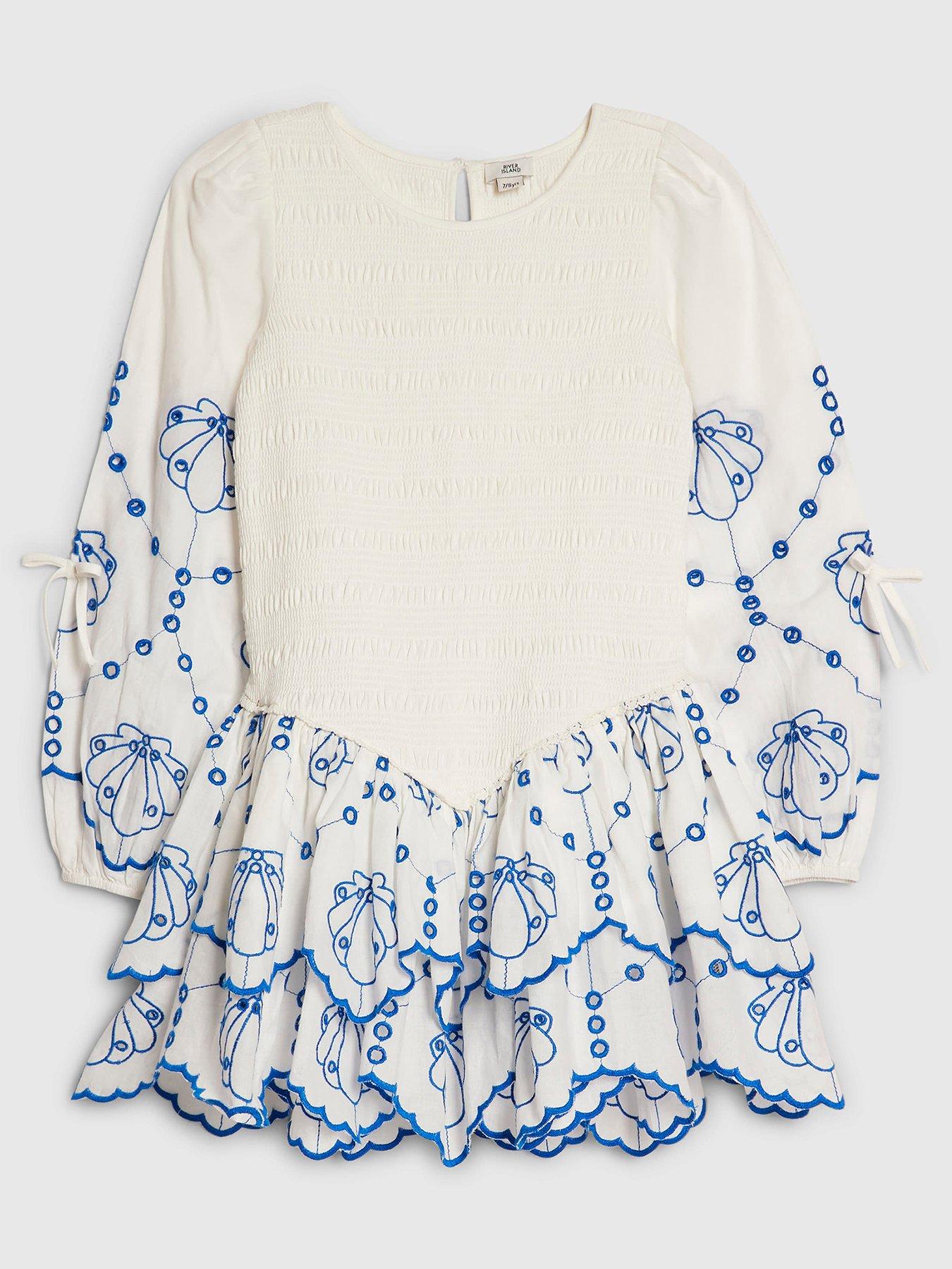 River Island Older Girls Shirred Long Sleeve Dress - White